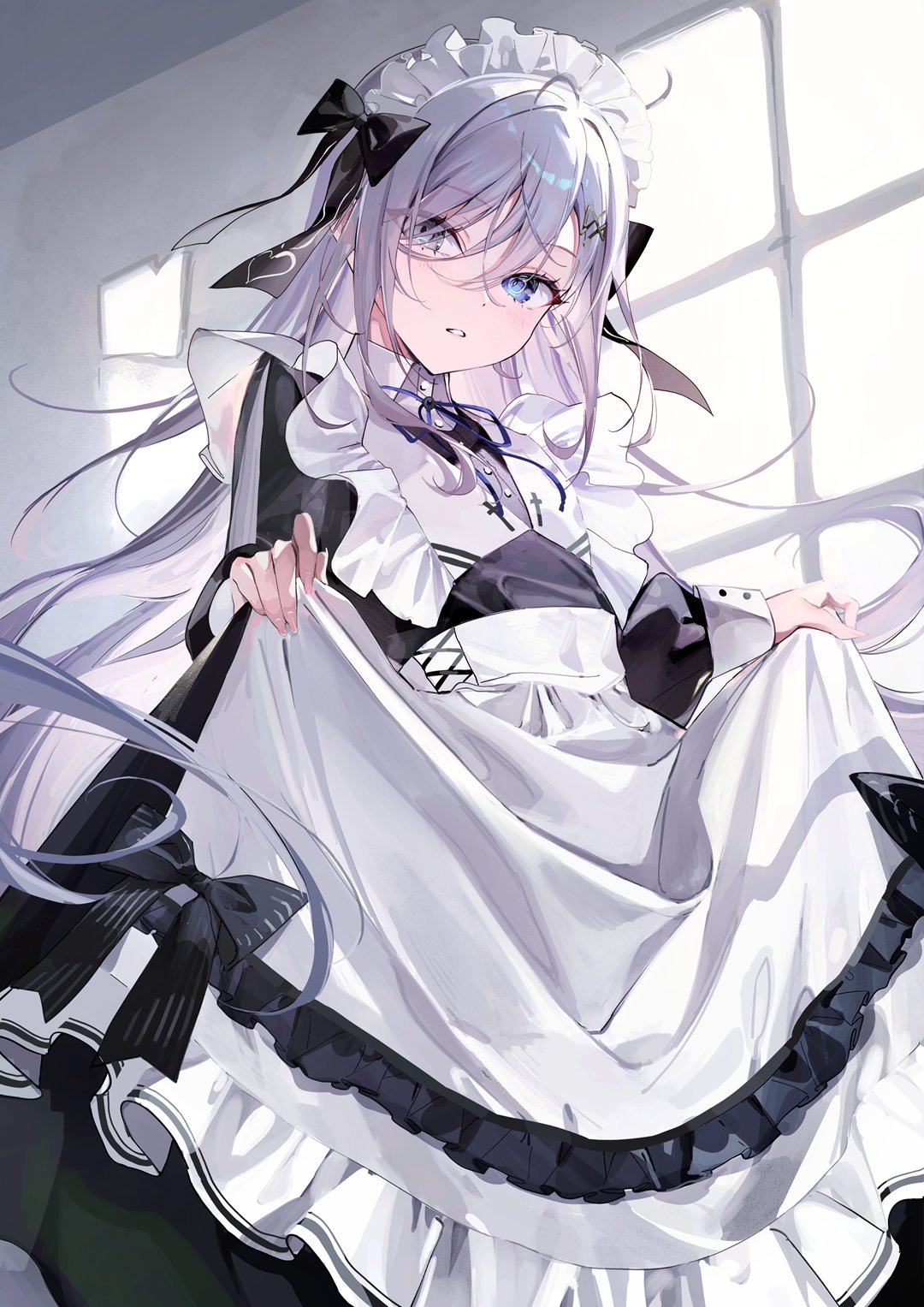 ame929, yuuki (shibou yuugi), shibou yuugi de meshi o kuu, commentary request, highres, 1girl, apron, dress, hair ornament, heterochromia, long hair, looking at viewer, maid, maid apron, maid headdress, solo, standing, very long hair, white hair