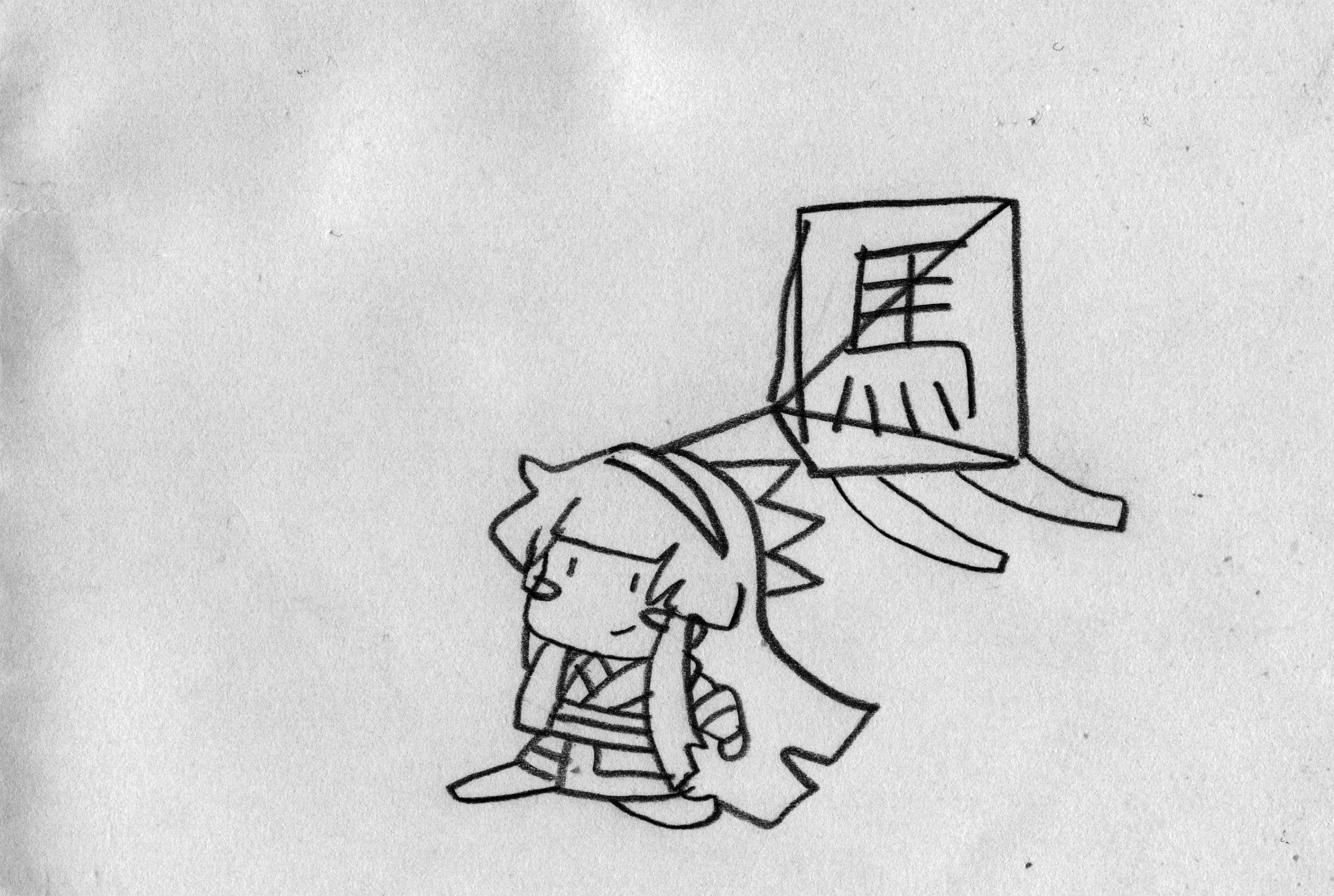 nakoruru, samurai spirits, snk, the king of fighters, highres, traditional media, 1girl, ainu clothes, arm up, artist name, breasts, chibi, dot eyes, fingerless gloves, gloves, hair ribbon, kite, legs, long hair, monochrome, ribbon, running, sketch, small breasts, smile, solo, thighs