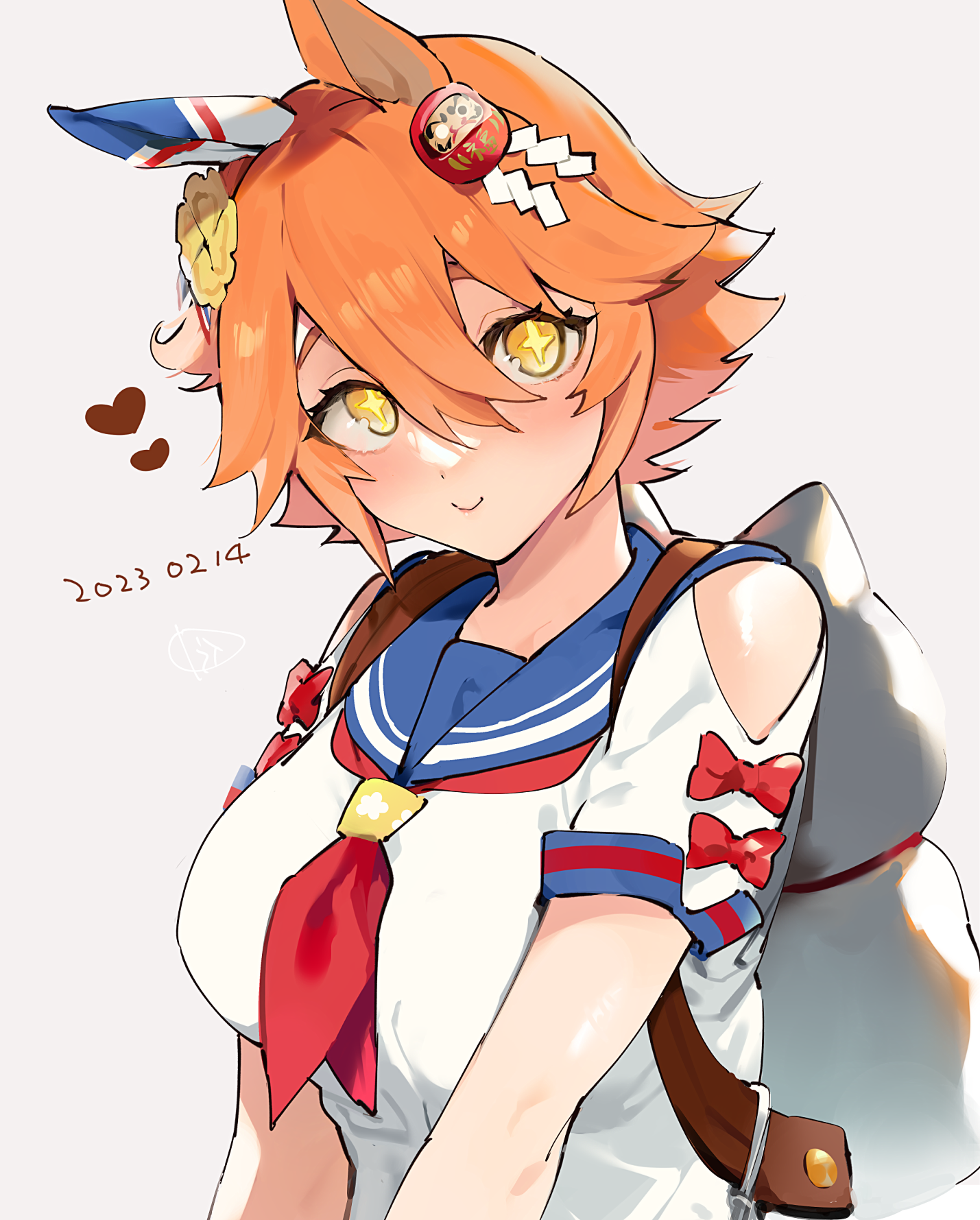 nakagomiyuki415, matikanefukukitaru (rising fortune) (umamusume), matikanefukukitaru (umamusume), umamusume, commentary request, highres, + +, 1girl, animal ears, blue sailor collar, blush, bow, breasts, clover hair ornament, daruma doll hair ornament, dated, ear covers, grey background, hair between eyes, hair ornament, heart, horse ears, horse girl, large breasts, looking at viewer, maneki-neko, neckerchief, orange hair, red bow, red neckerchief, sailor collar, short hair, simple background, single ear cover, smile, solo, upper body, yellow eyes