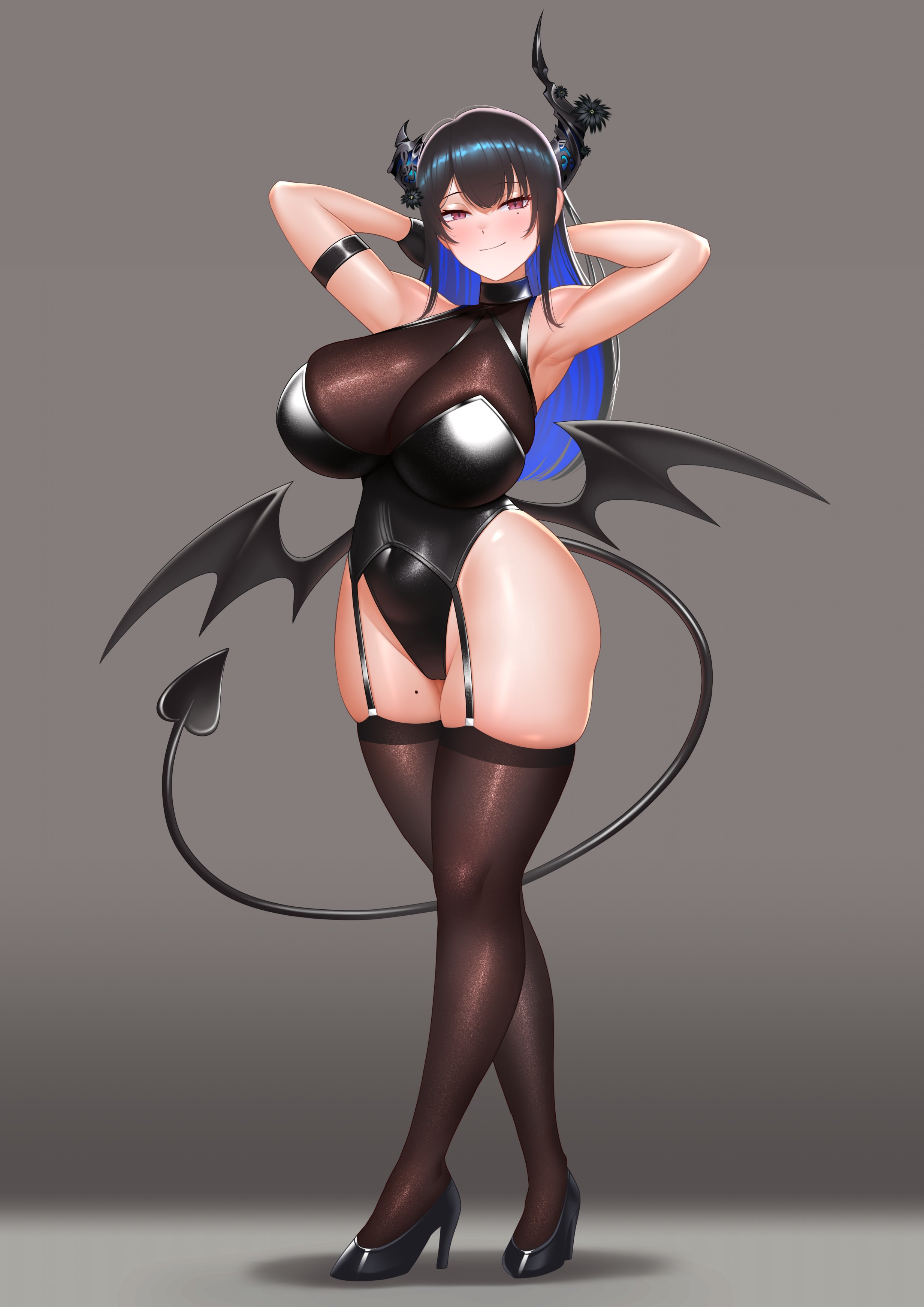 cipher4109, nerissa ravencroft, hololive, hololive english, absurdres, commentary, english commentary, highres, 1girl, alternate costume, asymmetrical horns, bare shoulders, black gloves, black hair, black horns, black leotard, black tail, black wings, blue hair, blush, bow, breasts, cleavage, closed mouth, colored inner hair, covered navel, demon girl, demon horns, demon tail, demon wings, detached collar, full body, gloves, hair ornament, high heels, horns, large breasts, leotard, long hair, looking at viewer, mole, mole under eye, multicolored hair, pantyhose, red eyes, shoes, simple background, single glove, smile, solo, strapless, strapless leotard, tail, tassel, tassel hair ornament, thighhighs, thighs, two-tone hair, uneven horns, very long hair, virtual youtuber, wings