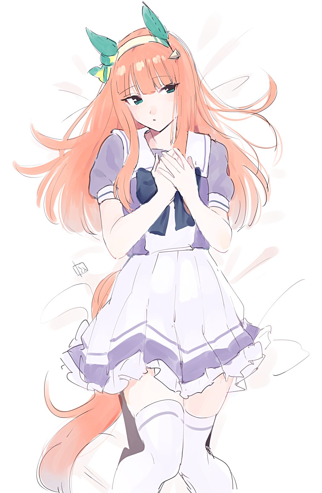 nakagomiyuki415, silence suzuka (umamusume), umamusume, highres, 1girl, animal ears, bed sheet, ear covers, frilled skirt, frills, green eyes, hair ornament, hairband, horse ears, horse girl, horse tail, long hair, orange hair, own hands together, pleated skirt, sailor collar, school uniform, serafuku, short sleeves, signature, skirt, tail, thighhighs, tracen school uniform, white sailor collar, white thighhighs