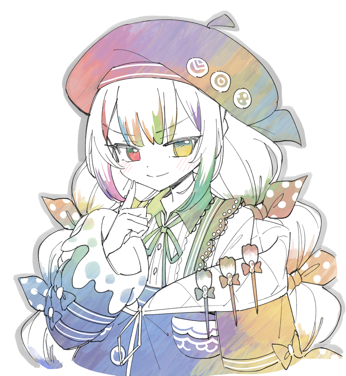 suno (imydream), jogasaki noah, mahou shoujo no majo saiban, commentary request, highres, 1girl, beret, black jacket, bow, closed mouth, collared shirt, finger to cheek, furrowed brow, hat, heterochromia, jacket, long hair, long sleeves, looking at viewer, multi-tied hair, multicolored hair, neck ribbon, paintbrush, polka dot, polka dot bow, red eyes, ribbon, shirt, simple background, smile, solo, streaked hair, upper body, white background, white hair, white shirt, yellow eyes