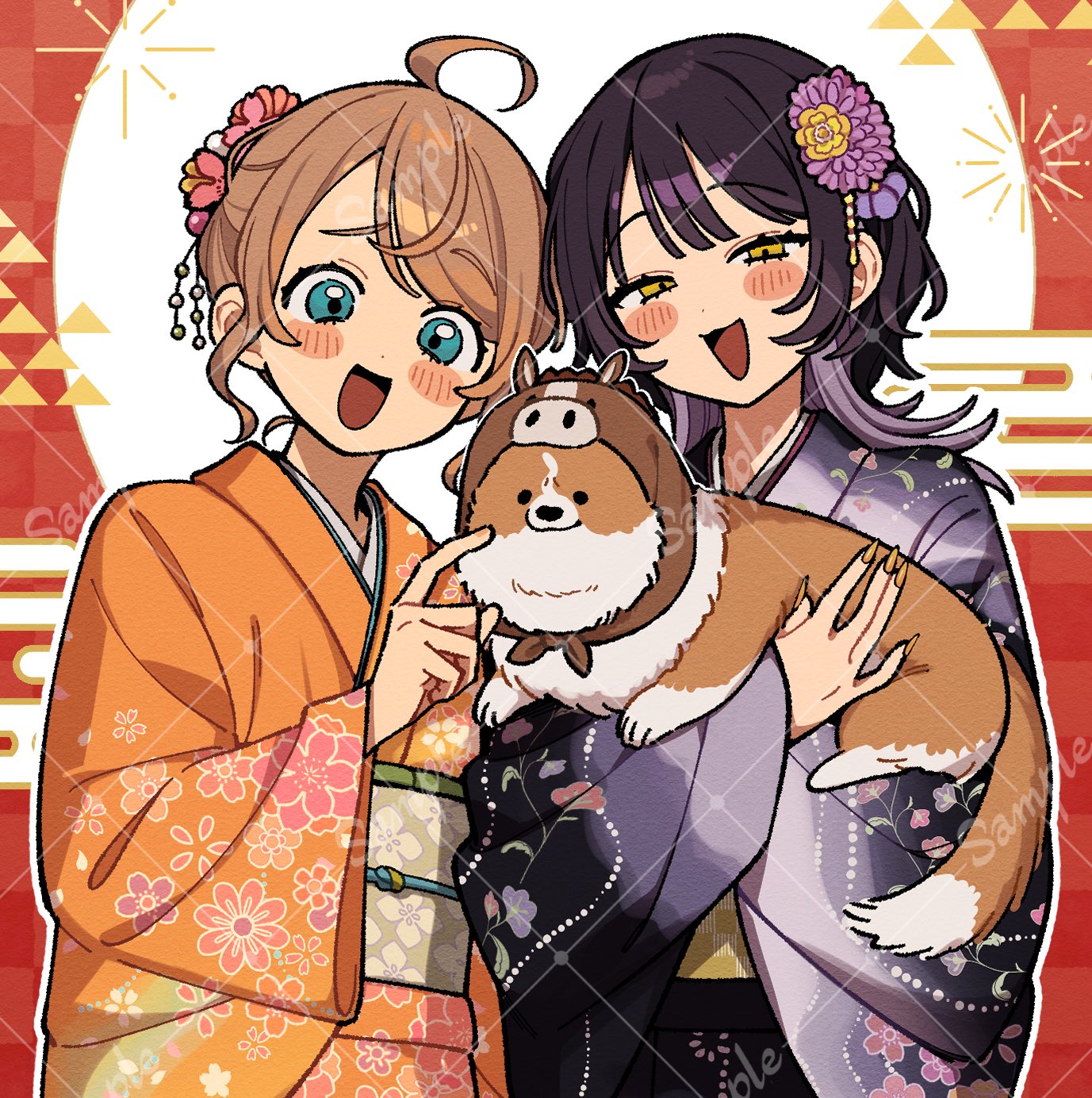 hyaluron & daruma, koharu suzumura, minato matsuki, koharu and minato, commentary request, highres, 2girls, blush, couple, dog, japanese clothes, kimono, long hair, long sleeves, multicolored hair, multiple girls, open mouth, sample watermark, smile, two-tone hair, watermark, wolf cut