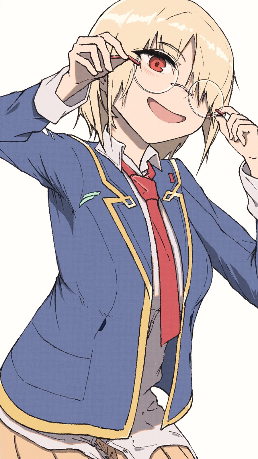 fuutasu0321, kayamori ruka, heaven burns red, commentary request, highres, 1girl, blonde hair, eyewear on head, glasses, hair over one eye, holding, holding removed eyewear, necktie, one eye covered, open mouth, red eyes, school uniform, short hair, smile, unworn eyewear