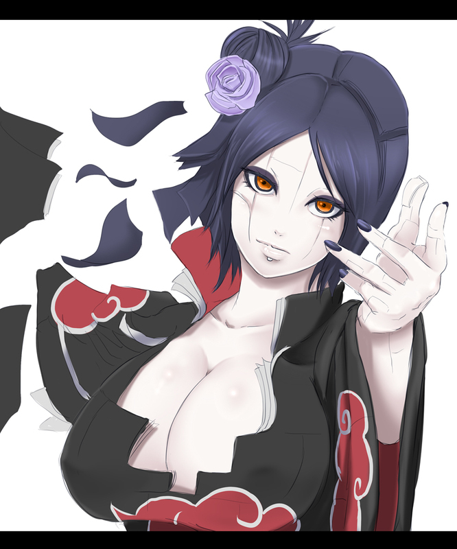 homura (haku89), konan (naruto), naruto (series), naruto shippuuden, 1girl, akatsuki (naruto), breasts, cleavage, face piercing, huge breasts, labret piercing, nail polish, paper