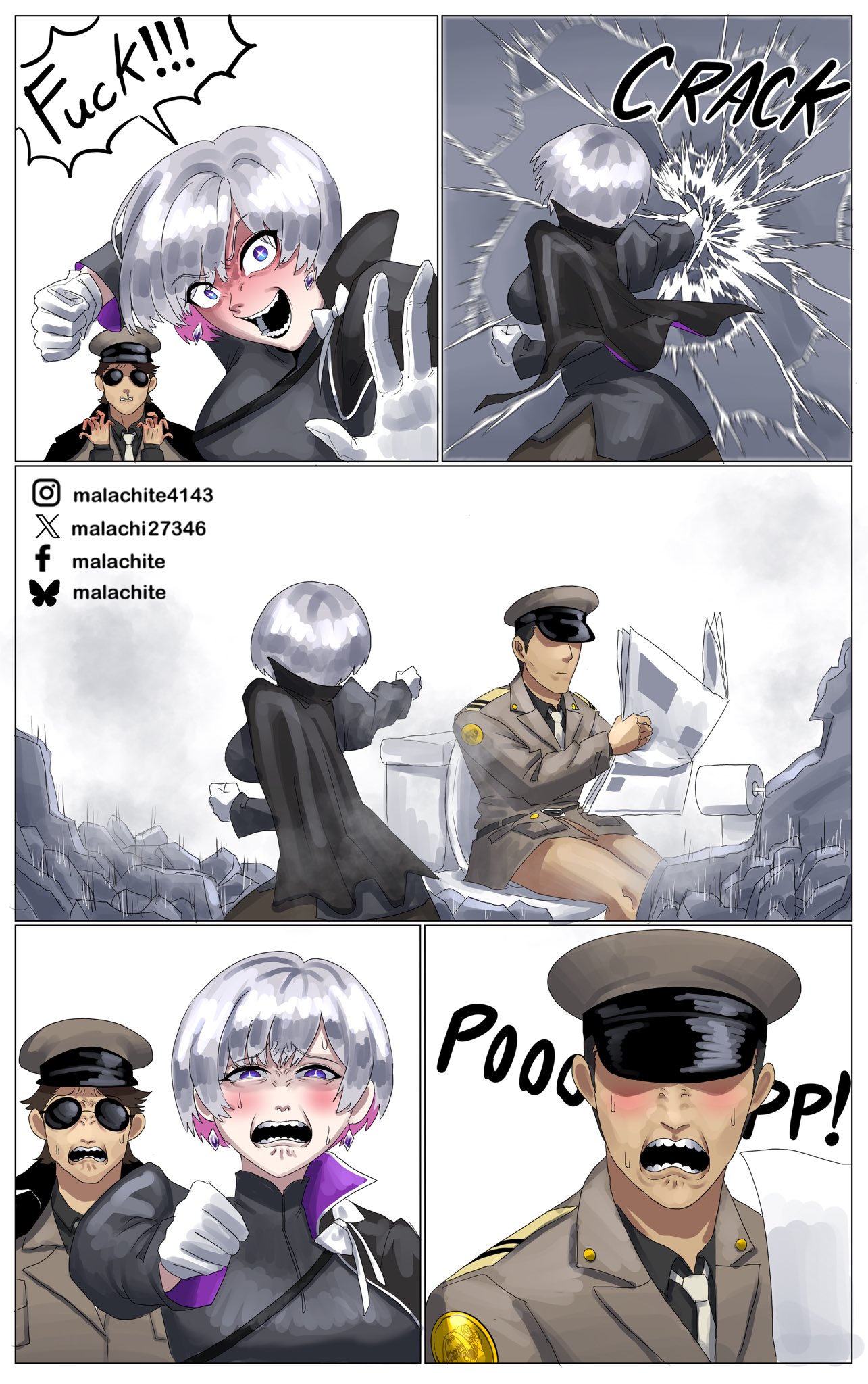 malachite 27346, liliweiss (nikke), the legendary commander (nikke), goddess of victory: nikke, shiny eyes, highres, 1girl, 2boys, aviator sunglasses, blue eyes, blush, breaking through wall, breasts, broken, broken finger, broken wall, crack, cracked wall, debris, destruction, dress, earrings, gloves, hair between eyes, jacket, jewelry, large breasts, long sleeves, military uniform, multicolored hair, multiple boys, newspaper, on toilet, pink hair, punching, rubble, screaming, short hair, star-shaped pupils, star (symbol), strong, sunglasses, symbol-shaped pupils, toilet, toilet use, white gloves, white hair