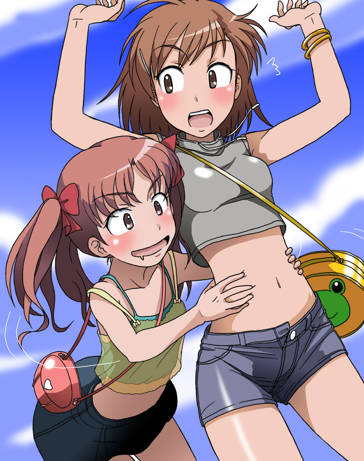 takaya n, misaka mikoto, shirai kuroko, toaru kagaku no railgun, toaru majutsu no index, highres, 00s, 2girls, blush, brown eyes, brown hair, female focus, midriff, multiple girls, navel, saliva, shorts, sleeveless, sleeveless turtleneck, tickling, tickling sides, turtleneck, yuri