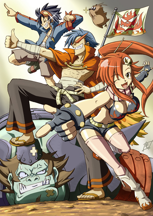 moai (moai world), boota (ttgl), kamina (ttgl), simon (ttgl), thymilph, yoko littner, tengen toppa gurren lagann, 00s, 1girl, 3boys, bikini, bikini top only, flag, goggles, goggles on head, kamina shades, multiple boys, one eye closed, pointing, sarashi, smile, swimsuit, thighhighs, thumbs up, triangular eyewear, wink