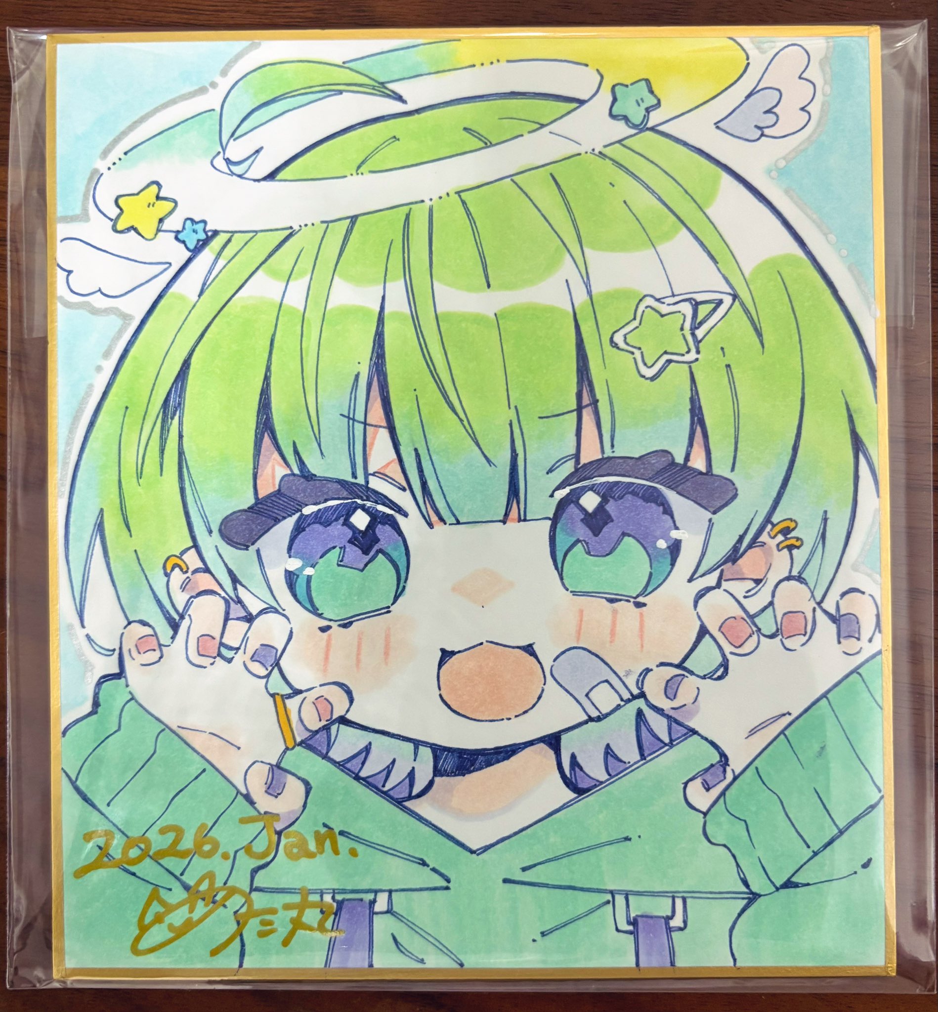 notamaru 2, original, commentary request, highres, traditional media, 1girl, :3, :d, ahoge, blue background, blunt bangs, blush, claw pose, dated, drawstring, green eyes, green hair, green hoodie, hair ornament, halo, hands up, hood, hood down, hoodie, long sleeves, looking at viewer, multicolored nails, nail polish, open mouth, pink nails, portrait, purple nails, shikishi, short hair, signature, sleeves past wrists, smile, solo, star (symbol), star hair ornament, white halo
