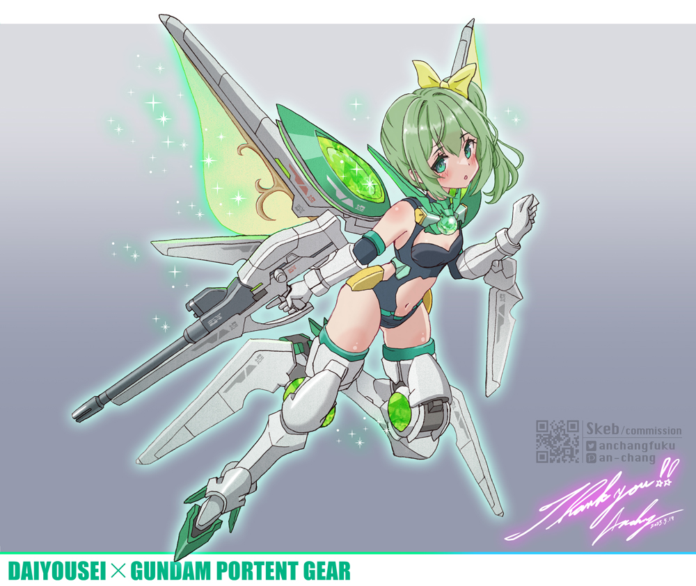 an-chang, daiyousei, gundam portent, gundam, gundam build fighters, gundam build fighters try, touhou, commentary request, commission, skeb commission, 1girl, black leotard, bow, breasts, cleavage cutout, clothing cutout, cosplay, dated, english text, full body, green bow, green eyes, green hair, gun, gundam portent (cosplay), hair bow, holding, holding gun, holding weapon, leotard, long hair, looking at viewer, mecha musume, mechanical legs, mechanical wings, navel, qr code, science fiction, signature, small breasts, solo, stomach cutout, twitter username, weapon, wings, yellow bow
