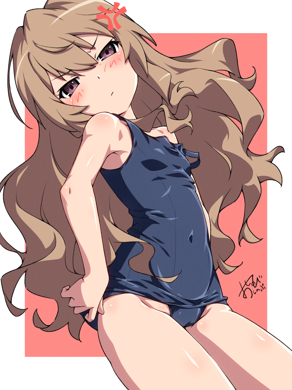 oshinobi shinobu, aisaka taiga, toradora!, commentary request, highres, 1girl, anger vein, annoyed, bare arms, bare shoulders, blush, brown hair, closed mouth, covered navel, frown, looking at viewer, old school swimsuit, one-piece swimsuit, purple eyes, school swimsuit, solo, swimsuit, v-shaped eyebrows