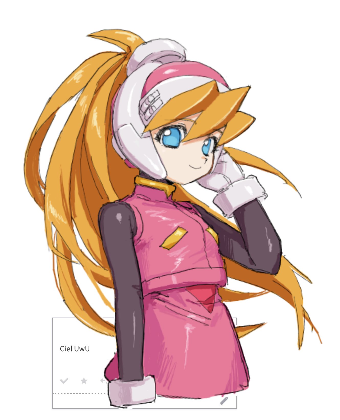 ciel (mega man), capcom, mega man (series), mega man zero (series), highres, 1girl, arm up, blonde hair, blue eyes, breasts, gloves, hand on own face, long hair, looking at viewer, ponytail, skirt, small breasts, smile, solo