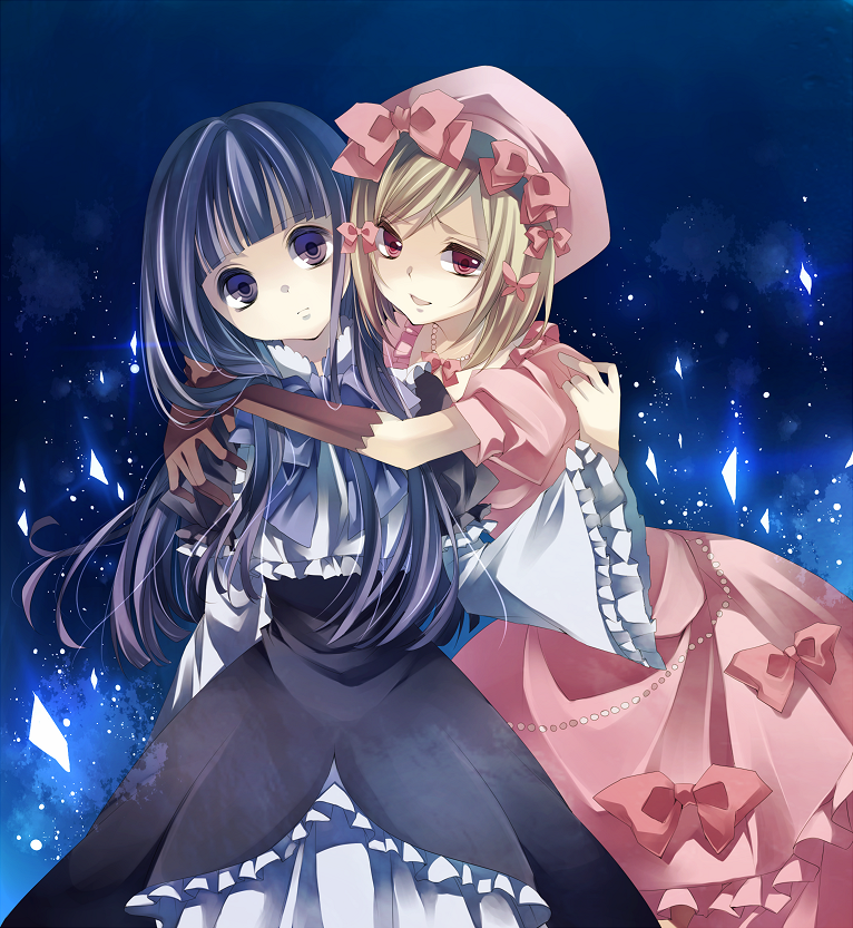 tsukioka tsukiho, frederica bernkastel, lambdadelta, umineko no naku koro ni, bad id, bad pixiv id, 00s, 2girls, blonde hair, blue eyes, blue hair, bow, dress, elbow gloves, gloves, hat, hug, multiple girls, pink hat, red eyes