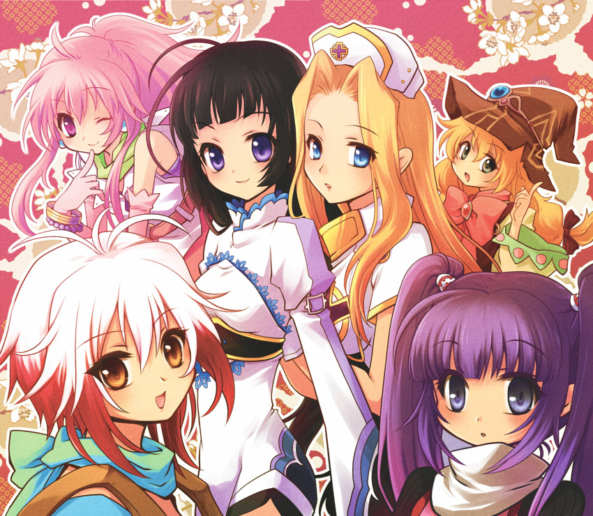 miyu (matsunohara), arche klein, beryl benito, kohaku hearts, mint adenade, pascal (tales), sophie (tales), tales of (series), tales of graces, tales of hearts, tales of phantasia, bad id, bad pixiv id, 6+girls, black hair, blonde hair, blue eyes, bow, brown eyes, hair intakes, in-franchise crossover, multicolored hair, multiple girls, pink background, pink bow, pink hair, purple eyes, purple hair, red hair, twintails, two-tone hair, white hair, wide ponytail