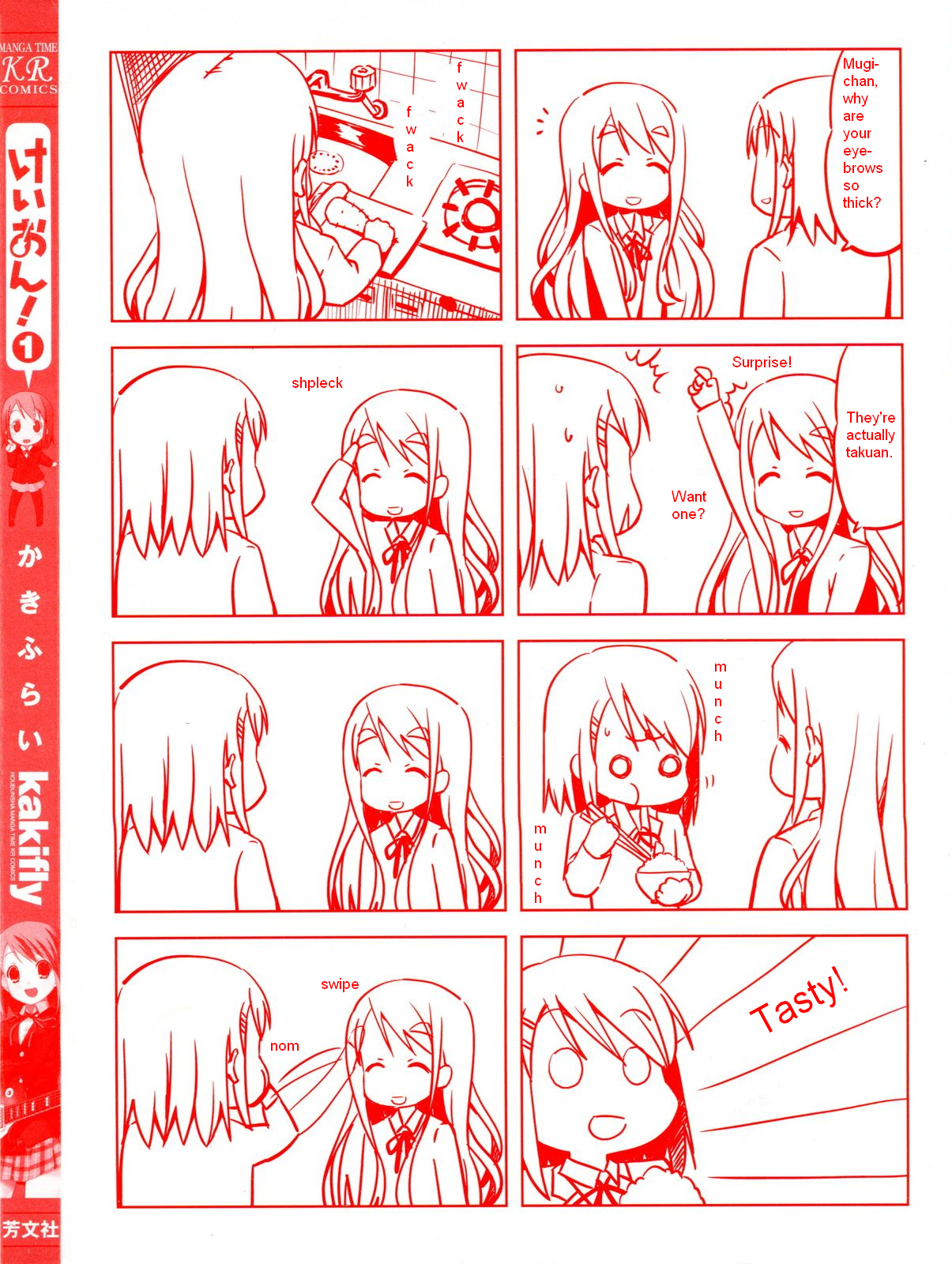 hirasawa yui, kotobuki tsumugi, k-on!, hard-translated, highres, third-party edit, translated, 00s, 4koma, comic, daikon, food, monochrome, radish, takuan
