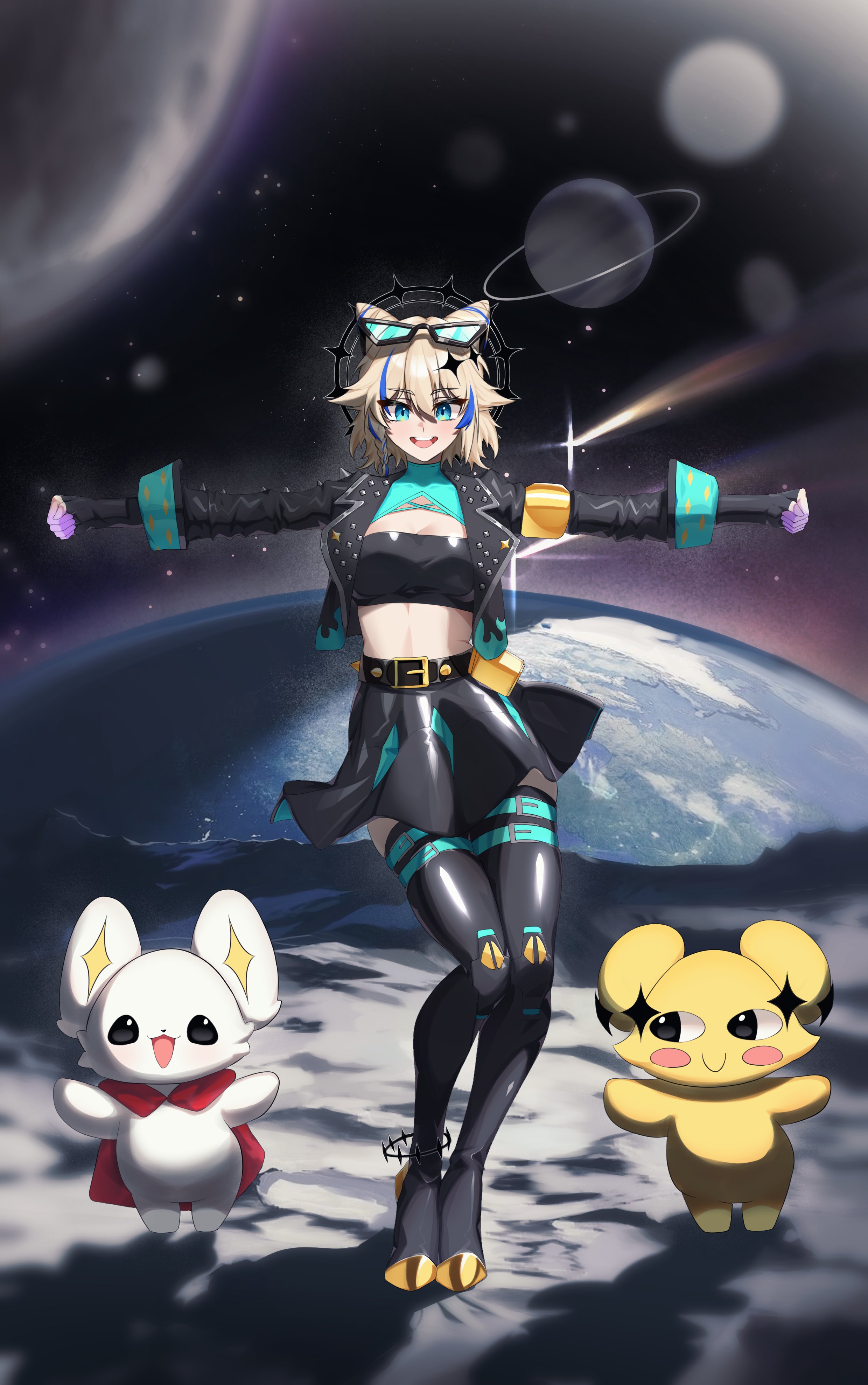 burnice white, kaneko lumi, phase connect, absurdres, commentary, commission, highres, second-party source, 1girl, aqua belt, belt, black belt, black boots, black gloves, black skirt, blonde hair, blue eyes, blue hair, boots, breasts, burnice white (cosplay), cleavage, colored extremities, cone hair bun, cosplay, double bun, eyewear on head, fingerless gloves, gloves, hair bun, halo, langssi, linea alba, marten (kaneko lumi), multicolored hair, open mouth, planet, shadow, skirt, smile, space, streaked hair, thigh belt, thigh boots, thigh strap, virtual youtuber