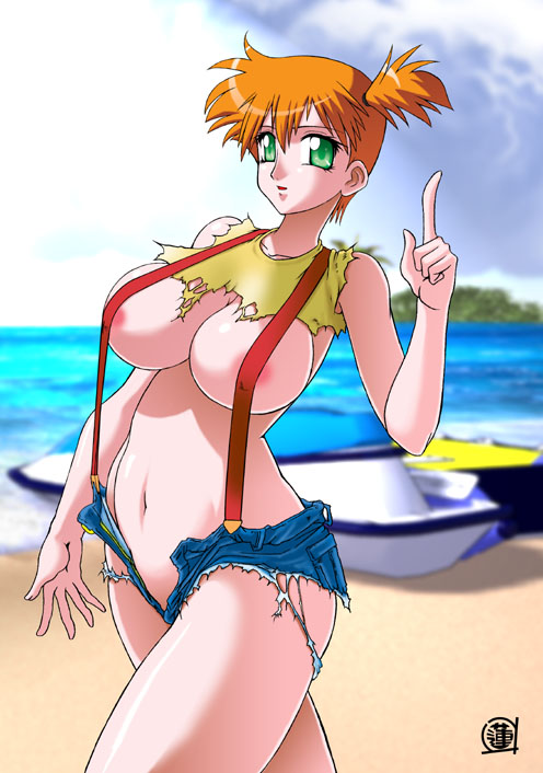 lento (glamour works), misty (pokemon), nintendo, pokemon, beach, breasts, cleavage, curvy, nipples, suspenders, torn clothes