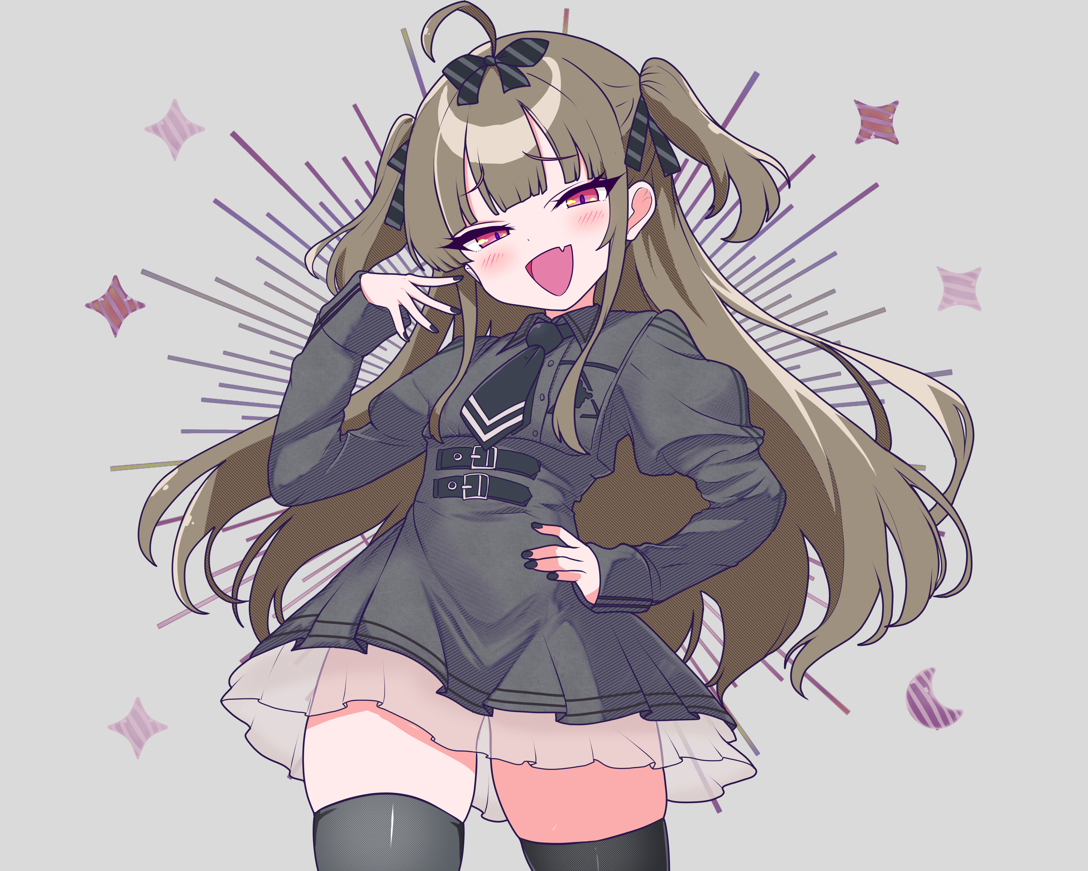 jamilsaga, original, absurdres, commentary request, highres, 1girl, :d, ahoge, belt, black bow, black nails, black necktie, black thighhighs, bow, collared dress, crescent, dress, fang, hair ornament, juliet sleeves, long hair, long sleeves, looking at viewer, mesugaki, nail polish, necktie, open mouth, puffy sleeves, simple background, skin fang, smile, star (symbol), thick thighs, thighhighs, thighs, twintails