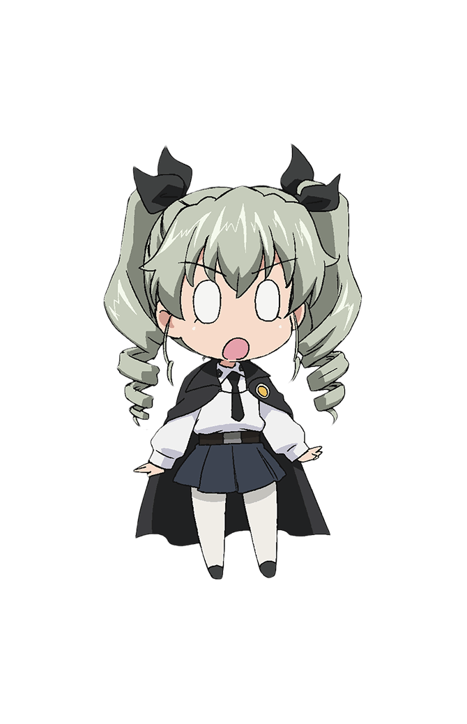 anchovy (girls und panzer), girls und panzer, girls und panzer motto love love sakusen desu!, highres, official art, 0 0, 1girl, :o, angry, anzio school uniform, black necktie, black shoes, black skirt, blush, cape, chibi, drill hair, full body, grey hair, hair ribbon, long hair, necktie, open mouth, pantyhose, ribbon, school uniform, shirt, shoes, skirt, solo, transparent background, twintails, white pantyhose, white shirt