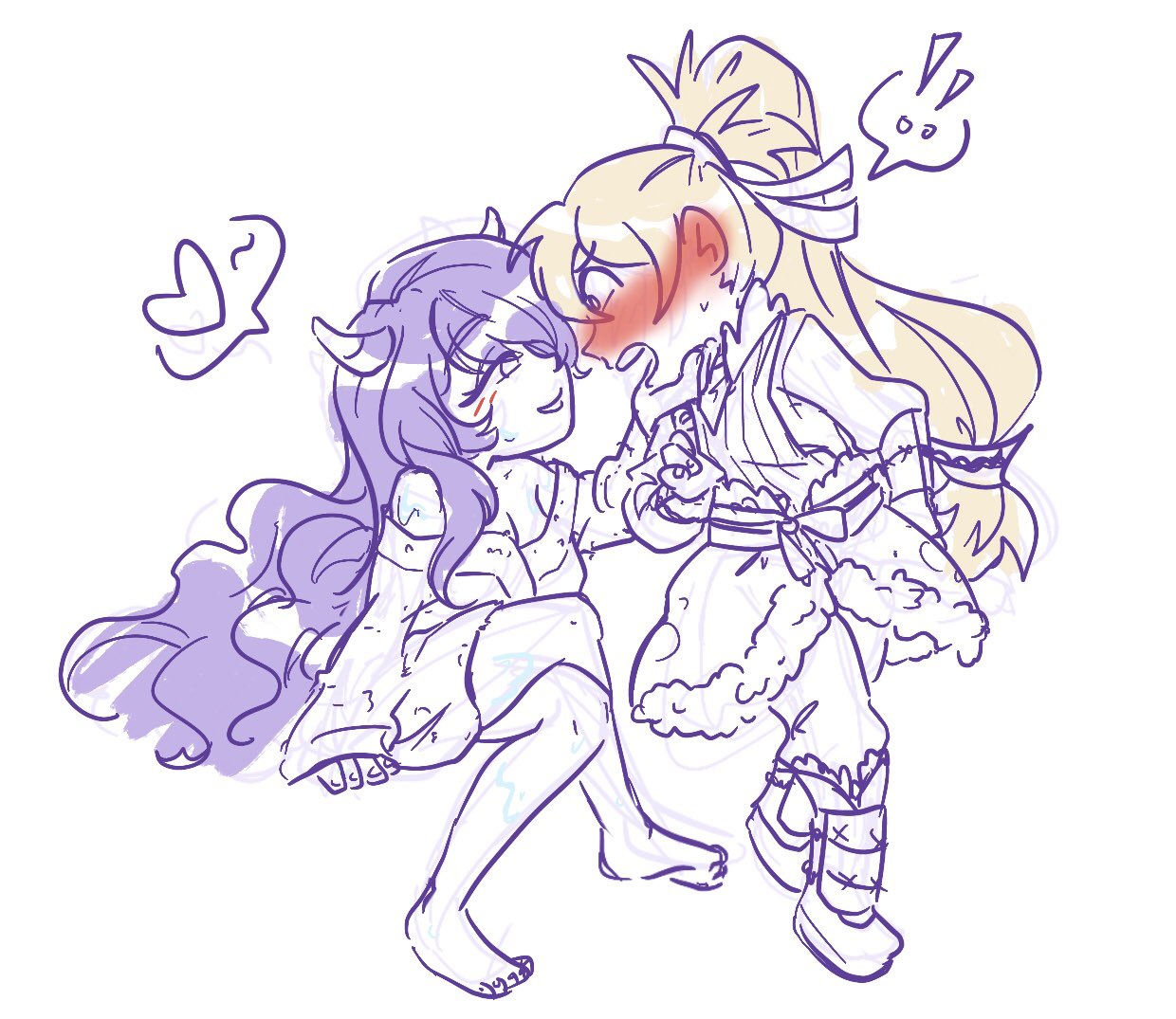 camilla (fire emblem), takumi (fire emblem), fire emblem, fire emblem fates, nintendo, 1boy, 1girl, barefoot, bathrobe, blush, breasts, cleavage, crossed legs, grey hair, heart, long hair, looking at another, older female and younger male, orange eyes, purple eyes, purple hair, simple background, sitting, sketch, slumberbeans, speech bubble, tiara, wavy hair