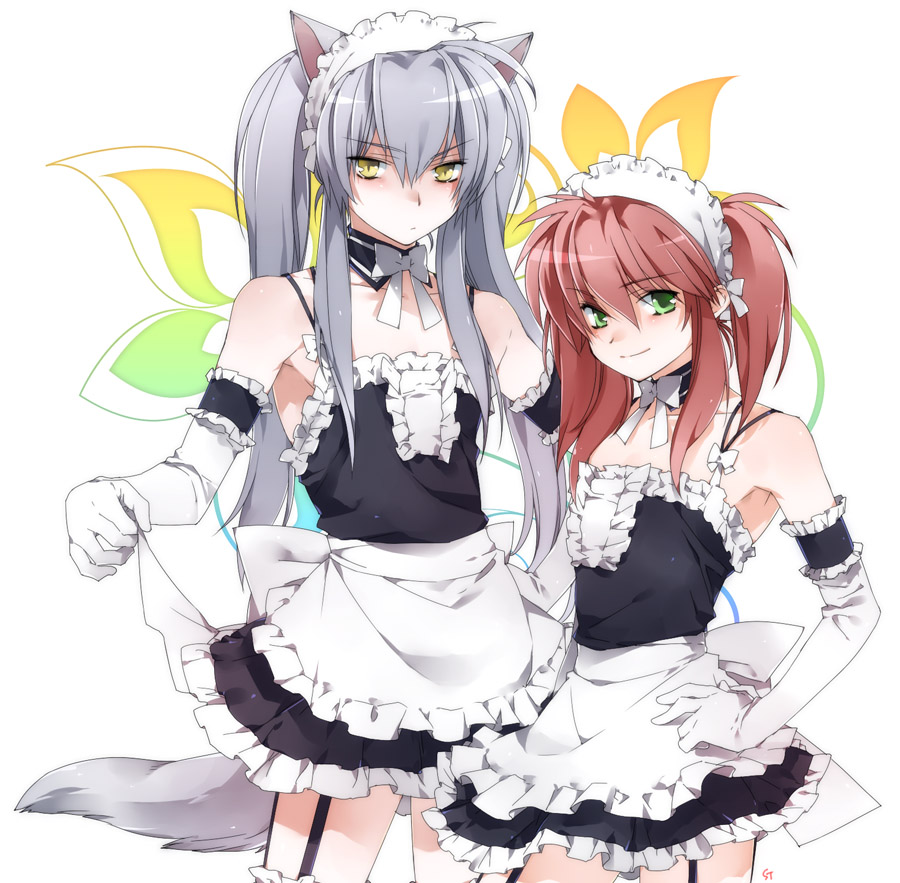 toujou sakana, kurama (yu yu hakusho), youko kurama, yuu yuu hakusho, 2boys, animal ears, apron, armpits, blush, bow, collar, crossdressing, crossdressing (mtf), elbow gloves, fox, fox ears, fox tail, gloves, green eyes, grey hair, hand on own hip, hip focus, long hair, maid, maid apron, maid headdress, male focus, male maid, multiple boys, red hair, smile, standing, tail, thighhighs, trap, twintails, yellow eyes