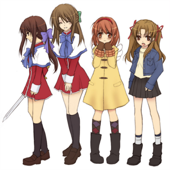 asahina mitsuru, computer club president (female) (suzumiya haruhi), kawasumi mai, koizumi itsuki (female), kurata sayuri, kyon, kyonko, sawatari makoto, tsukimiya ayu, kanon, kyoto animation, suzumiya haruhi no yuuutsu, argyle legwear, gender request, 4girls, argyle clothes, argyle socks, boots, company connection, cosplay, genderswap, kawasumi mai (cosplay), kneehighs, kurata sayuri (cosplay), loafers, multiple girls, sawatari makoto (cosplay), school uniform, shoes, skirt, socks, sword, tsukimiya ayu (cosplay), weapon