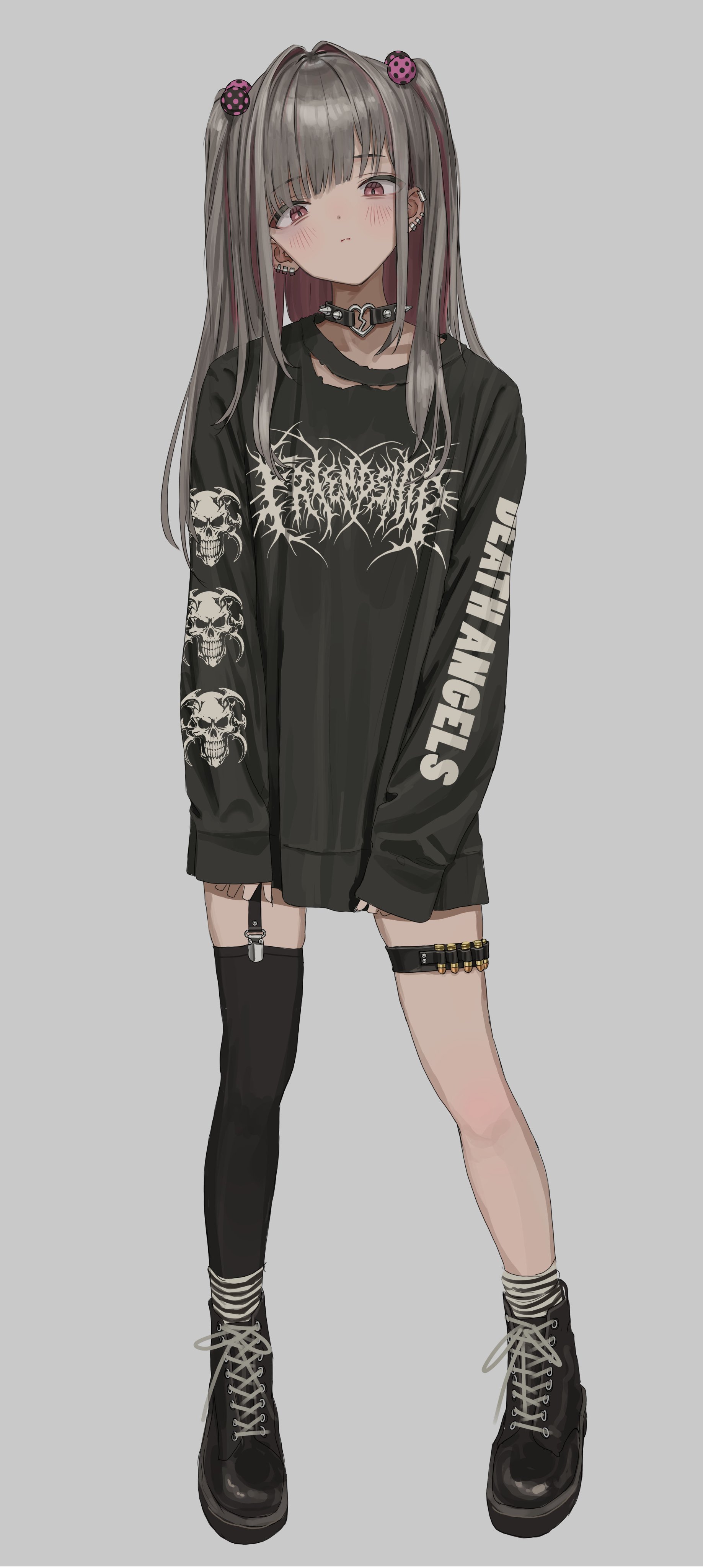 gishiki (gshk), original, absurdres, highres, 1girl, ammunition, black shoes, closed mouth, collar, full body, garter straps, hair bobbles, hair ornament, legs apart, long hair, long sleeves, looking at viewer, metal band text, no pants, shoelaces, shoes, simple background, single thighhigh, sleeves past wrists, socks, socks over thighhighs, solo, spiked collar, spikes, standing, striped clothes, striped socks, thigh strap, thighhighs, two side up