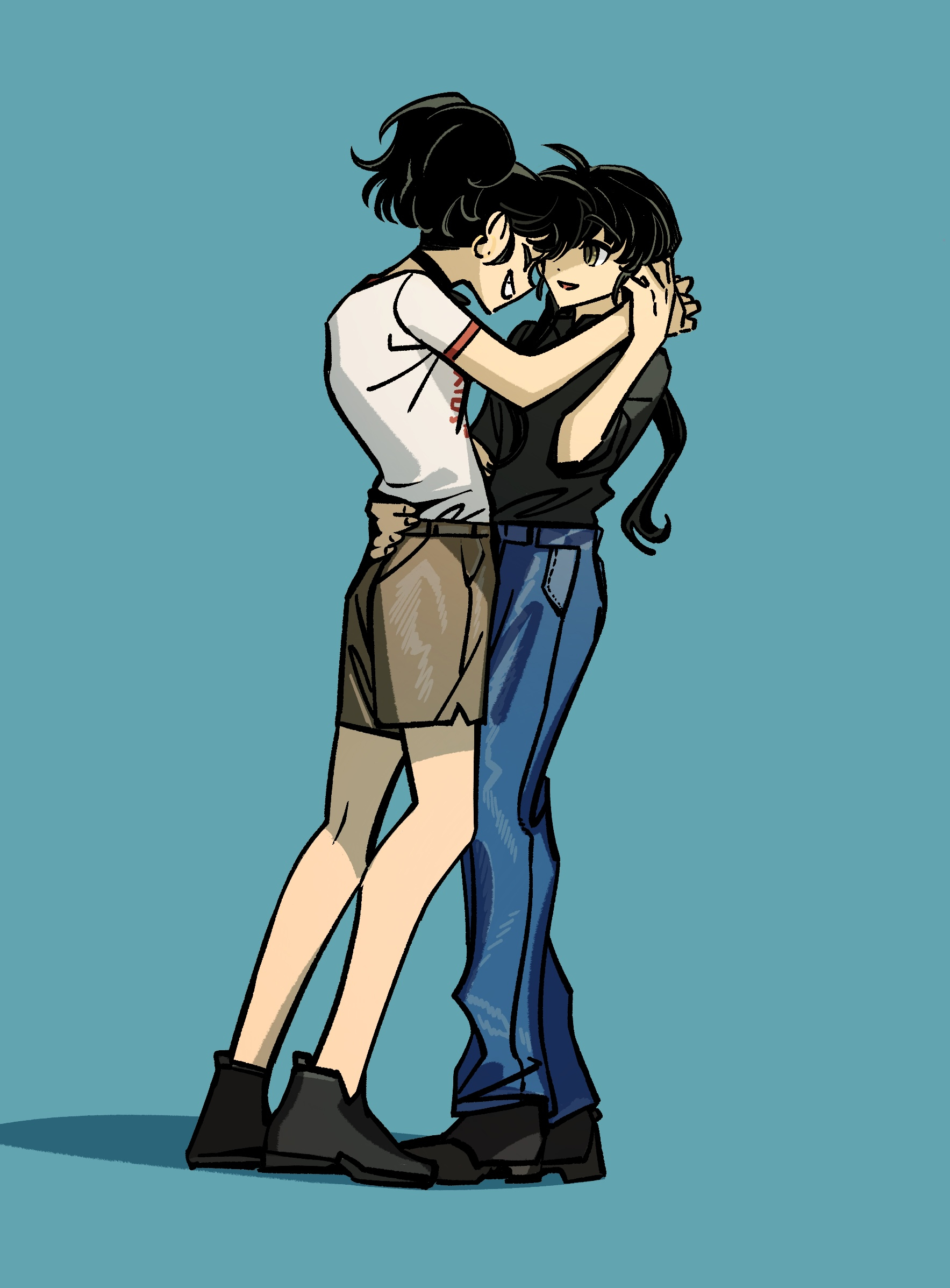 kani (kaniya), an-an lee, liang yue (reverse:1999), reverse:1999, highres, 2girls, aqua background, black hair, black shirt, black shoes, blue pants, brown shorts, closed eyes, denim, face-to-face, from side, full body, grin, hand on another's waist, heart, heart hands, jeans, long hair, low twintails, multiple girls, pants, ponytail, profile, shirt, shoes, short sleeves, shorts, simple background, smile, standing, twintails, white shirt, yellow eyes