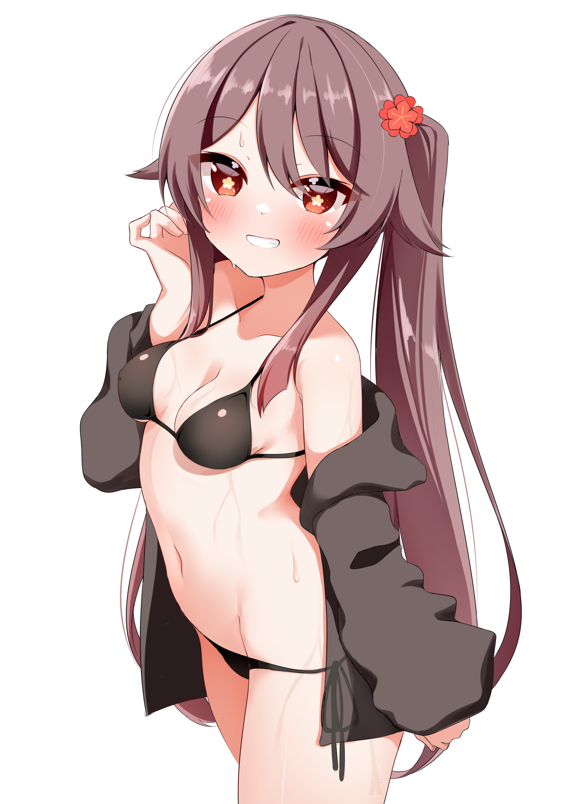 pia (botamochinjufu), hu tao (genshin impact), genshin impact, absurdres, commentary request, highres, 1girl, alternate costume, bikini, black bikini, black jacket, blush, breasts, brown hair, cowboy shot, flower, flower-shaped pupils, grin, hair flower, hair ornament, jacket, long hair, long sleeves, looking at viewer, navel, off shoulder, open clothes, open jacket, red eyes, red flower, side-tie bikini bottom, simple background, small breasts, smile, solo, swimsuit, symbol-shaped pupils, twintails, white background