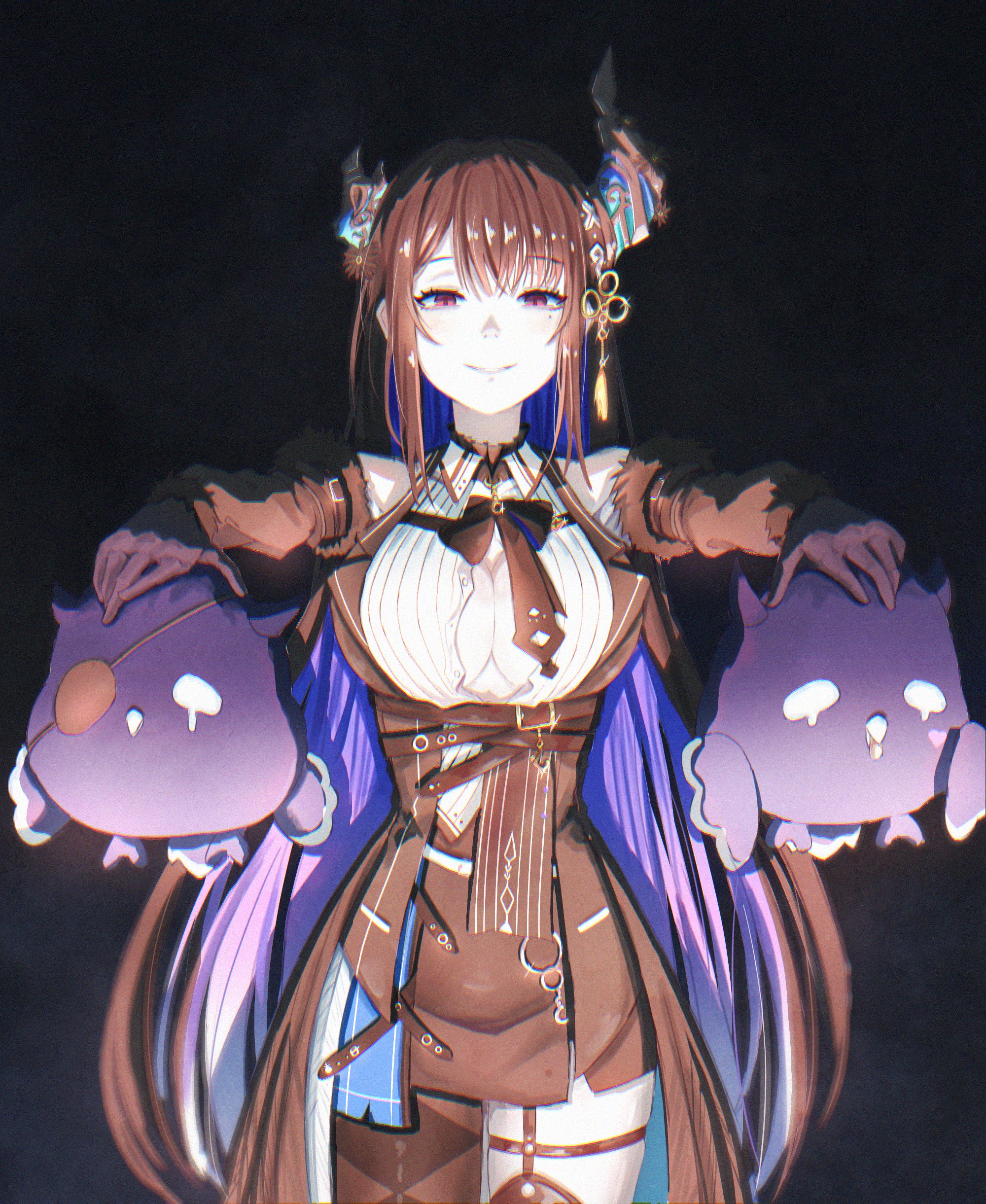 uwagiru, jailbird (nerissa ravencroft), nerissa ravencroft, nerissa ravencroft (1st costume), hololive, hololive english, absurdres, highres, 1girl, asymmetrical horns, black background, black hair, black skirt, blue hair, breasts, cleavage, cowboy shot, demon horns, holding, horns, large breasts, mole, mole under eye, multicolored hair, open clothes, open shirt, parted lips, purple eyes, shirt, simple background, skirt, smile, two-tone hair, uneven horns, virtual youtuber, white shirt