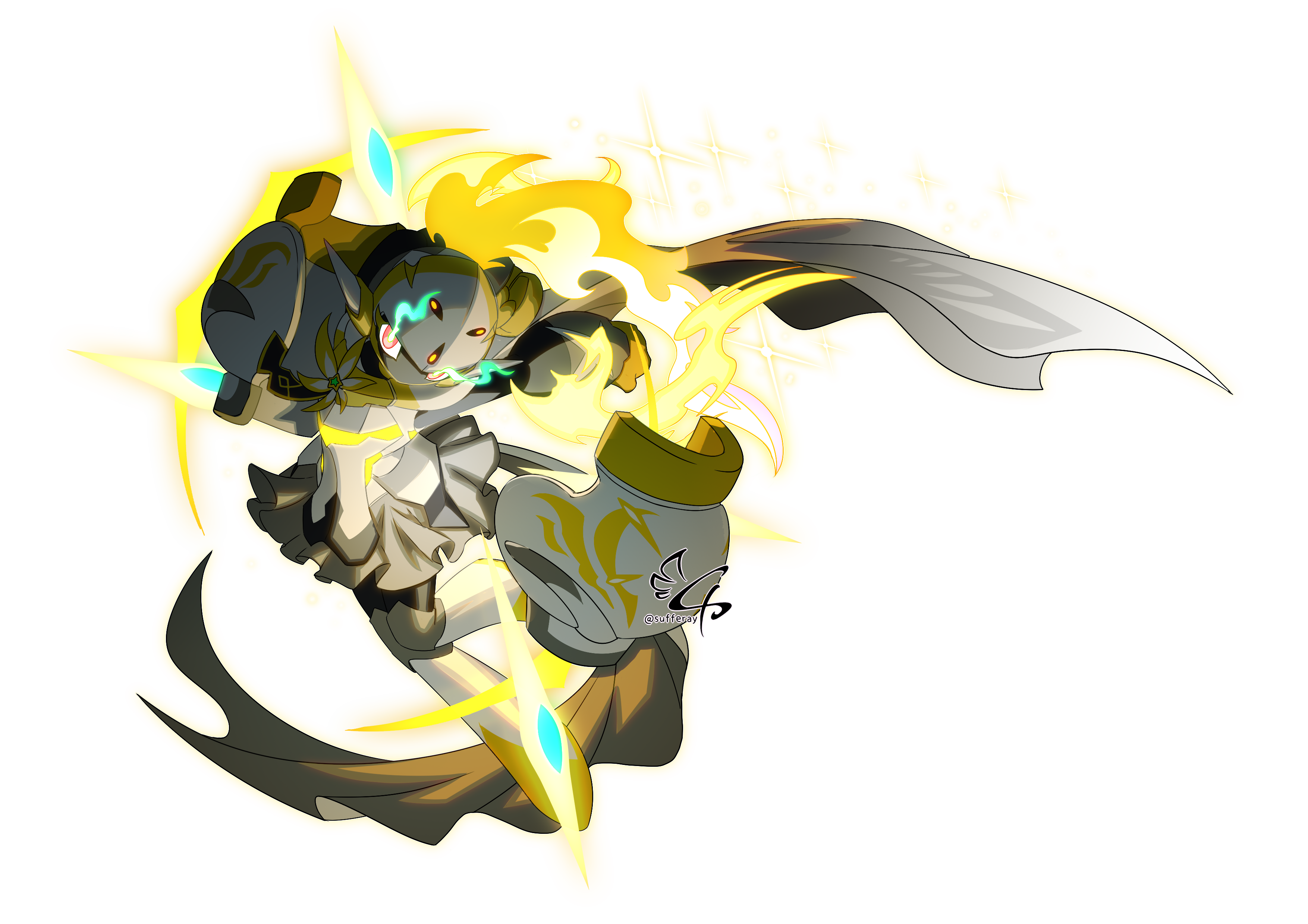 sufferay, armarouge, nintendo, pokemon, absurdres, highres, 1girl, alternate color, alternate design, armor, breastplate, colored skin, dancing, floating armor, glowing, glowing eyes, glowing weapon, leaning back, midair, outstretched arms, pauldrons, pleated skirt, plume, pokemon (creature), pokemon focus, red eyes, scarf, shoulder armor, skipping, skirt, sparkle, transparent background, turning head, weapon, white armor, white scarf, white skin, white skirt