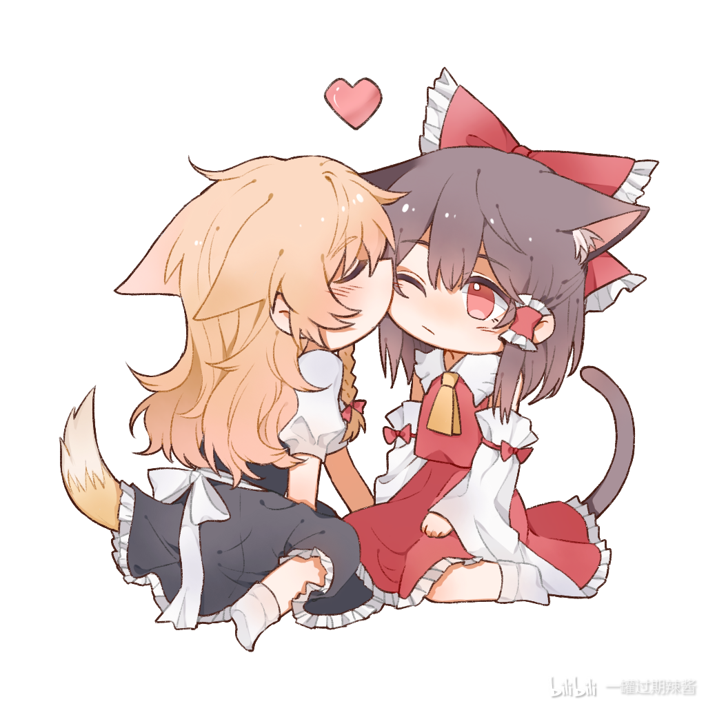 hitte5416, hakurei reimu, kirisame marisa, touhou, chinese commentary, commentary, 2girls, :/, animal ears, ascot, bare shoulders, black dress, black hair, blonde hair, blush, bow, braid, cat ears, detached sleeves, dog ears, dog tail, dress, extra ears, frilled bow, frills, from behind, hair bow, heart, kemonomimi mode, kiss, kissing cheek, long sleeves, looking at another, multiple girls, no headwear, puffy short sleeves, puffy sleeves, red bow, red eyes, red skirt, red vest, seiza, shirt, short sleeves, sitting, skirt, skirt set, socks, tail, vest, watermark, white bow, white shirt, white socks, wide sleeves, yellow ascot, yuri