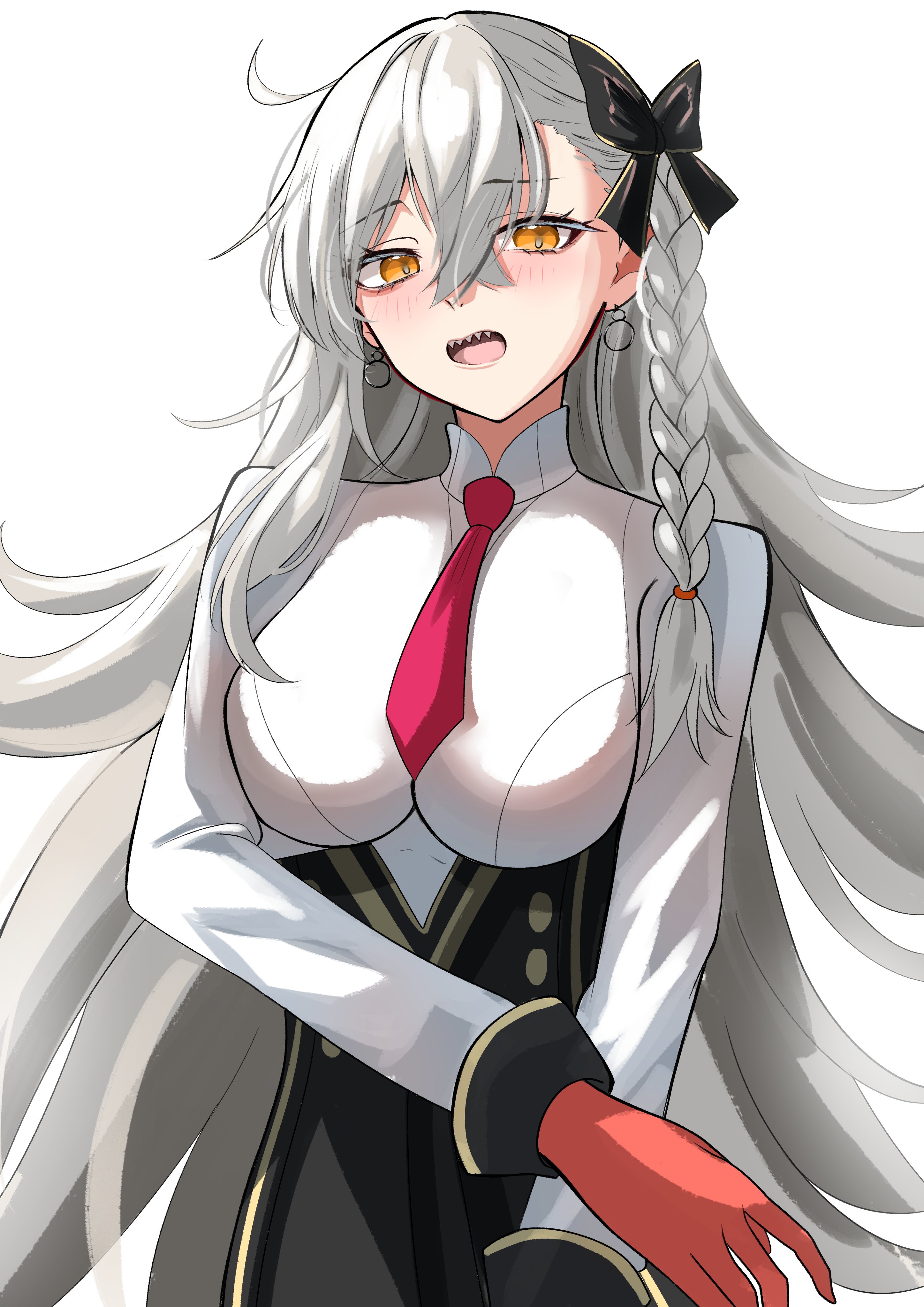 nigori (keydoor), olga marie animusphere, olga marie animusphere (unbeast), fate/grand order, fate (series), absurdres, highres, 1girl, asymmetrical bangs, black skirt, blush, breasts, collared shirt, earrings, gloves, grey hair, hair ribbon, high-waist skirt, hoop earrings, jewelry, long hair, long sleeves, looking at viewer, medium breasts, necktie, open mouth, orange eyes, pantyhose, pencil skirt, red gloves, red pantyhose, ribbon, sharp teeth, shirt, skirt, solo, teeth, thighs, very long hair, white shirt