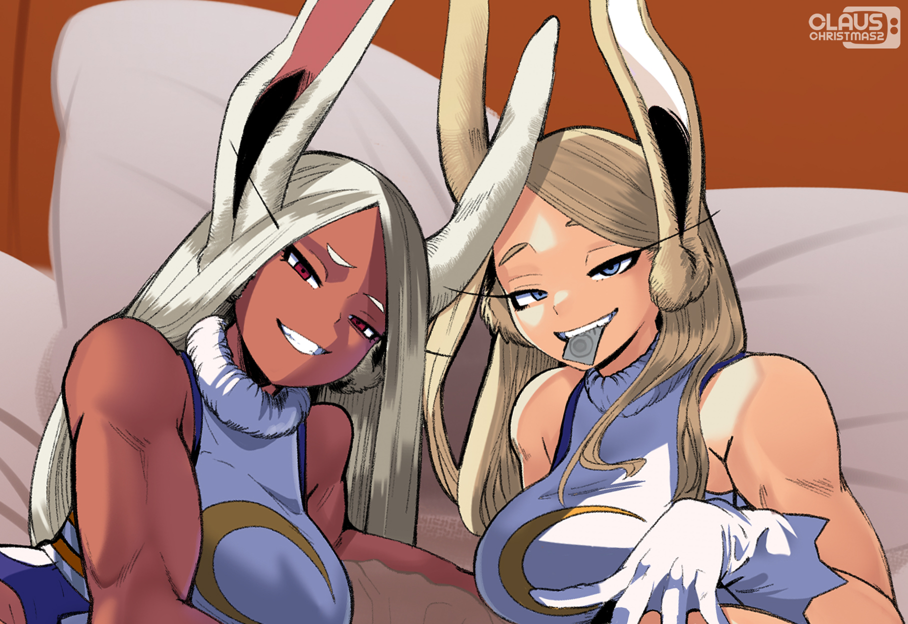 clauschristmas, mirko, boku no hero academia, commentary, english commentary, highres, 2girls, alternate eye color, alternate hair color, alternate skin color, animal ears, artist logo, artist name, bare shoulders, blonde hair, blue eyes, breasts, condom, condom in mouth, crescent print, dark-skinned female, dark skin, fur collar, gloves, grin, half-closed eyes, large breasts, leotard, logo, long eyelashes, long hair, looking at viewer, mouth hold, multiple girls, on bed, parted bangs, rabbit ears, rabbit girl, red eyes, smile, taut leotard, toned, toned female, upper body, very long hair, white gloves, white hair, white leotard