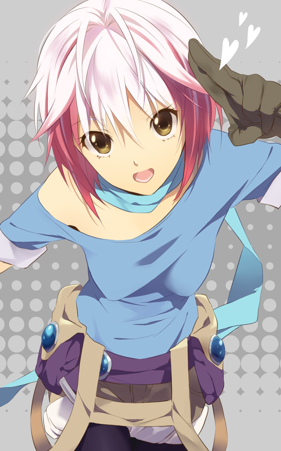 neyo, pascal (tales), tales of (series), tales of graces, bad id, bad pixiv id, 1girl, blue shirt, breasts, brown eyes, close-up, female focus, gloves, grey background, hanging breasts, leaning forward, multicolored hair, no bra, off shoulder, red hair, salute, scarf, shirt, smile, solo, two-finger salute, two-tone hair, white hair