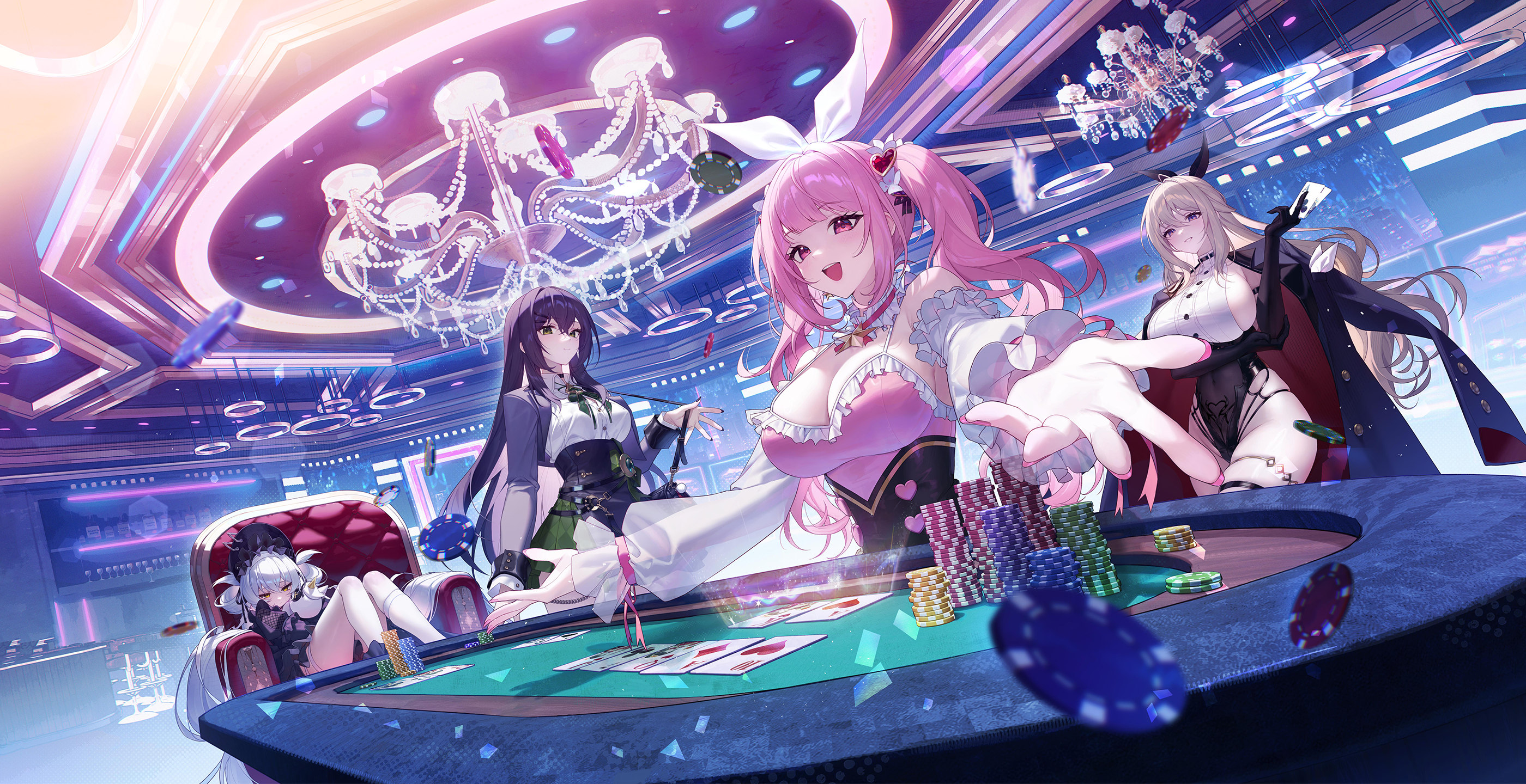 artist request, highres, key visual, official art, promotional art, 4girls, :d, ace (playing card), ace of clubs, ace of diamonds, ace of hearts, ace of spades, aqua hair, armband, bag, black bonnet, black choker, black gloves, black hair, black leotard, black skirt, blonde hair, bonnet, breasts, button eyes, buttons, card, chain, chandelier, choker, cleavage, club (shape), collar, collared shirt, cowboy shot, cropped jacket, cup, detached collar, detached sleeves, diamond (shape), dress, drinking glass, elbow gloves, feather hair ornament, feathers, flower, frilled collar, frilled dress, frilled sleeves, frills, gloves, green eyes, green skirt, grey jacket, hair between eyes, hair flower, hair ornament, hair rings, hairclip, handbag, heart, holding, holding card, holding stuffed toy, hoshimiya kana, indoors, jack (playing card), jack of hearts, jacket, karasuba sapphire, king (playing card), king of hearts (playing card), large breasts, legband, leotard, long hair, looking at viewer, mochizuki himiya, multicolored skirt, multiple girls, neck ribbon, nono (poker fate), open mouth, outstretched arms, pink dress, pink eyes, pink hair, playing card, poker chip, poker fate, poker table, purple eyes, queen (playing card), queen of diamonds, queen of hearts (playing card), queen of spades (playing card), ribbon, royal flush, see-through clothes, see-through leotard, see-through sleeves, seven of clubs, shirt, sideboob, skirt, sleeve cuffs, smile, spade (shape), spade brooch, stool, straight flush (poker), stuffed animal, stuffed toy, stuffed unicorn, table, teeth, ten of hearts, thigh strap, twintails, upper body, upper teeth only, wine glass, yellow eyes