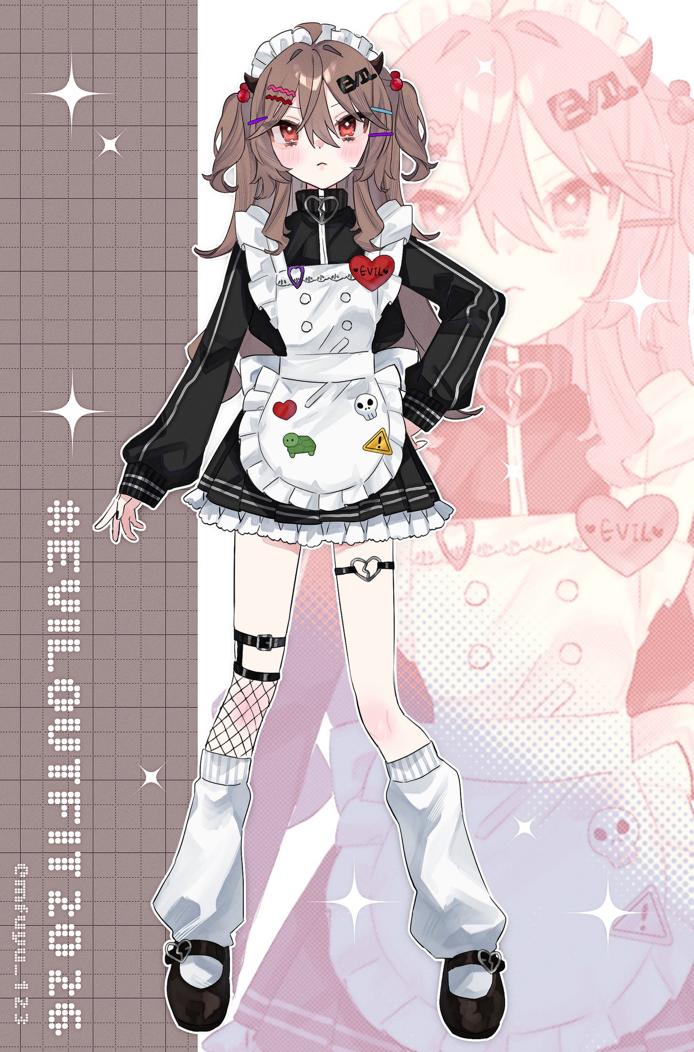 evil neuro-sama, neuro-sama, vedal ai, highres, 1girl, :<, ahoge, alternate costume, alternate hairstyle, apron, artist name, ben-day dots, black jacket, black nails, black shoes, black skirt, blush, broken heart, brown hair, buttons, character name, closed mouth, demon horns, double-parted bangs, enmaided, fishnet thighhighs, fishnets, frilled apron, frilled skirt, frills, grid background, hair between eyes, hair bobbles, hair intakes, hair ornament, hairclip, hairpin, hand on own hip, hashtag, heart, horns, jacket, jersey maid, legwear garter, long hair, long sleeves, looking at viewer, loose socks, maid, maid apron, maid headdress, mary janes, mfuyu 123, miniskirt, name tag, parallel hairclips, pleated skirt, red eyes, screentones, shoes, skirt, socks, solo, sparkle, standing, thigh strap, thighhighs, track jacket, unconventional maid, white apron, white socks, zoom layer