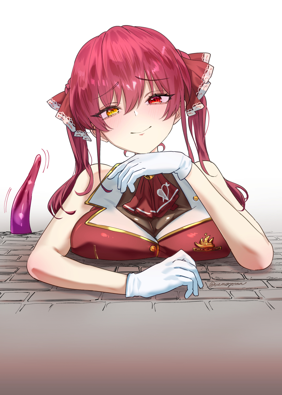 uenoryoma, houshou marine, houshou marine (1st costume), hololive, highres, 1girl, bare shoulders, black leotard, blush, breasts, gloves, heterochromia, jacket, large breasts, leotard, long hair, red eyes, red hair, red jacket, see-through clothes, see-through leotard, smile, tentacles, twintails, upper body, virtual youtuber, white gloves, yellow eyes