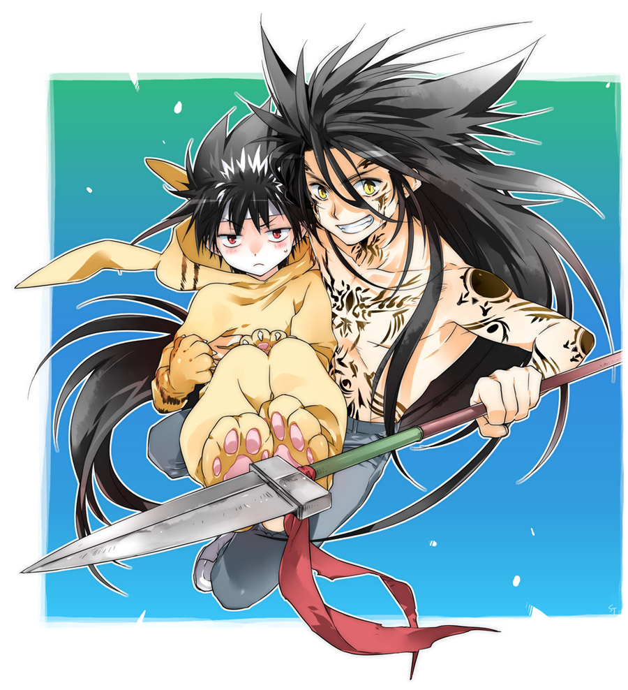 toujou sakana, demon yuusuke, hiei, urameshi yuusuke, yuu yuu hakusho, 2boys, bandana, black hair, blue background, blush, brown hair, carrying, foreshortening, full body, gradient background, grin, long hair, male focus, multiple boys, polearm, red eyes, smile, spear, tattoo, topless male, very long hair, weapon