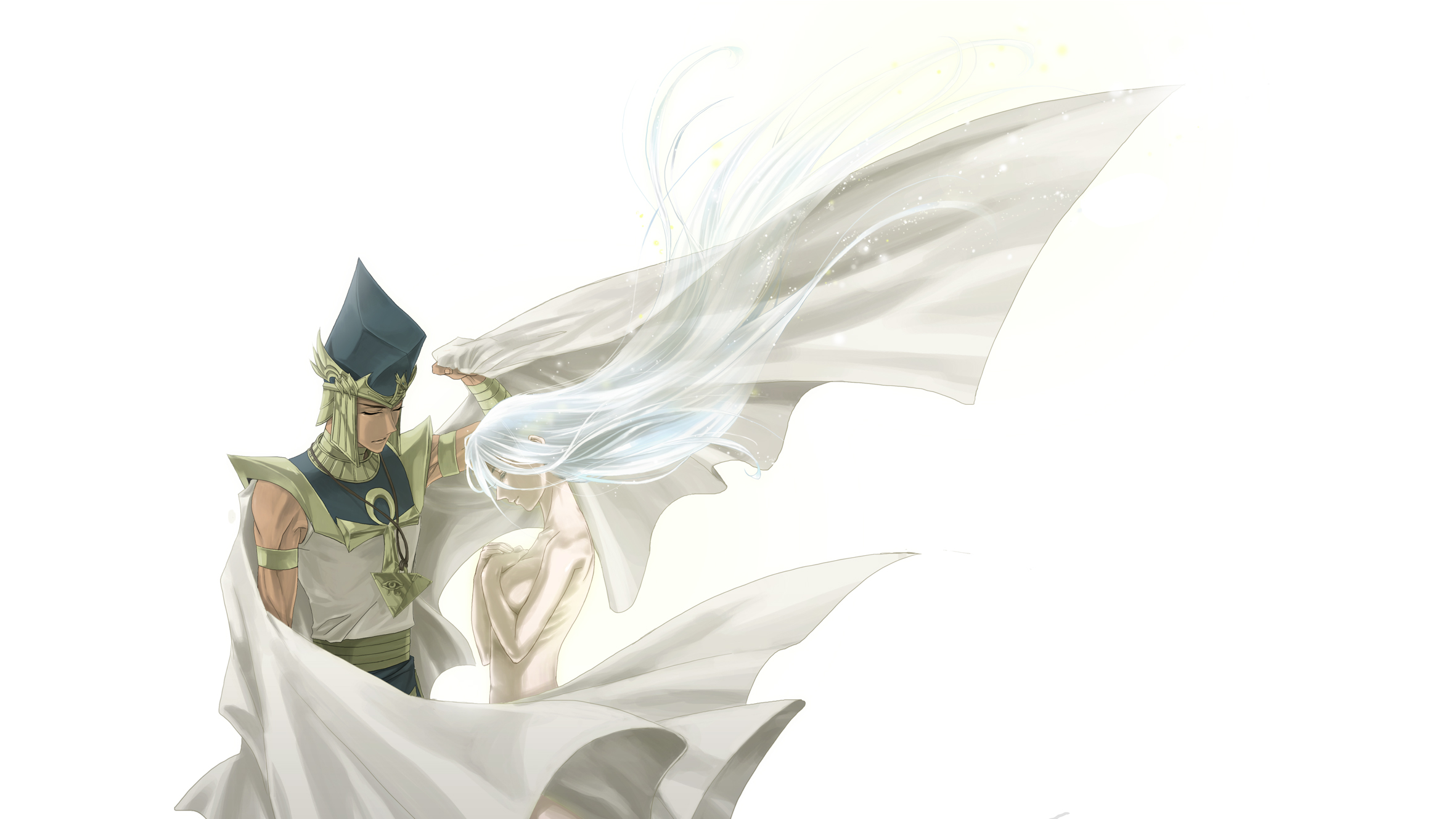 tom (leciel2010), kisara (yu-gi-oh!), priest seto, yu-gi-oh!, yu-gi-oh! duel monsters, highres, 1boy, 1girl, ancient egyptian, ancient egyptian clothes, armlet, cape, closed eyes, clothed female nude male, facing another, gold trim, jewelry, millennium puzzle, nude, outstretched arm, tan, upper body, white background, white cape, white hair, wind