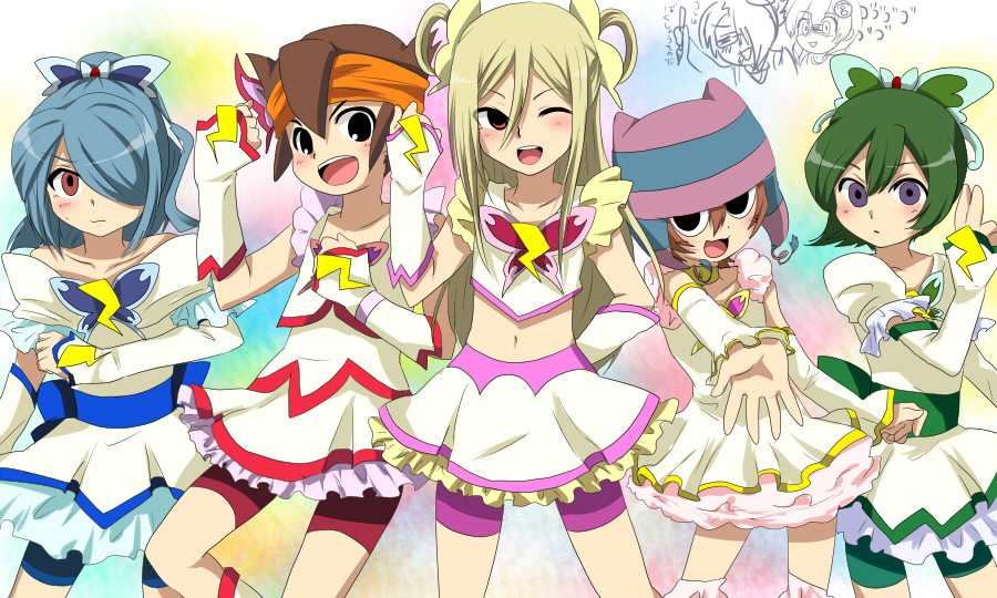 afuro terumi, endou mamoru, kazemaru ichirouta, matsuno kuusuke, inazuma eleven, inazuma eleven (series), 5boys, bike shorts, black eyes, blonde hair, blue hair, bow, brown hair, child, cosplay, crossdressing, crossdressing (mtf), dress, gloves, green hair, hair bow, hat, hatsutori hanzou, multiple boys, one eye closed, open mouth, purple eyes, red eyes, skirt, standing, trap