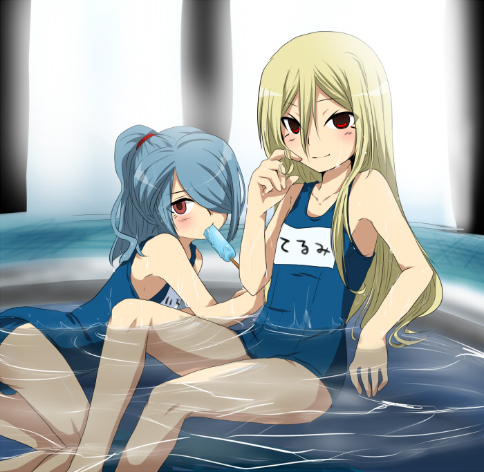 afuro terumi, kazemaru ichirouta, inazuma eleven, inazuma eleven (series), 00s, 2boys, child, crossdressing, crossdressing (mtf), food, male focus, multiple boys, pool, popsicle, trap, water
