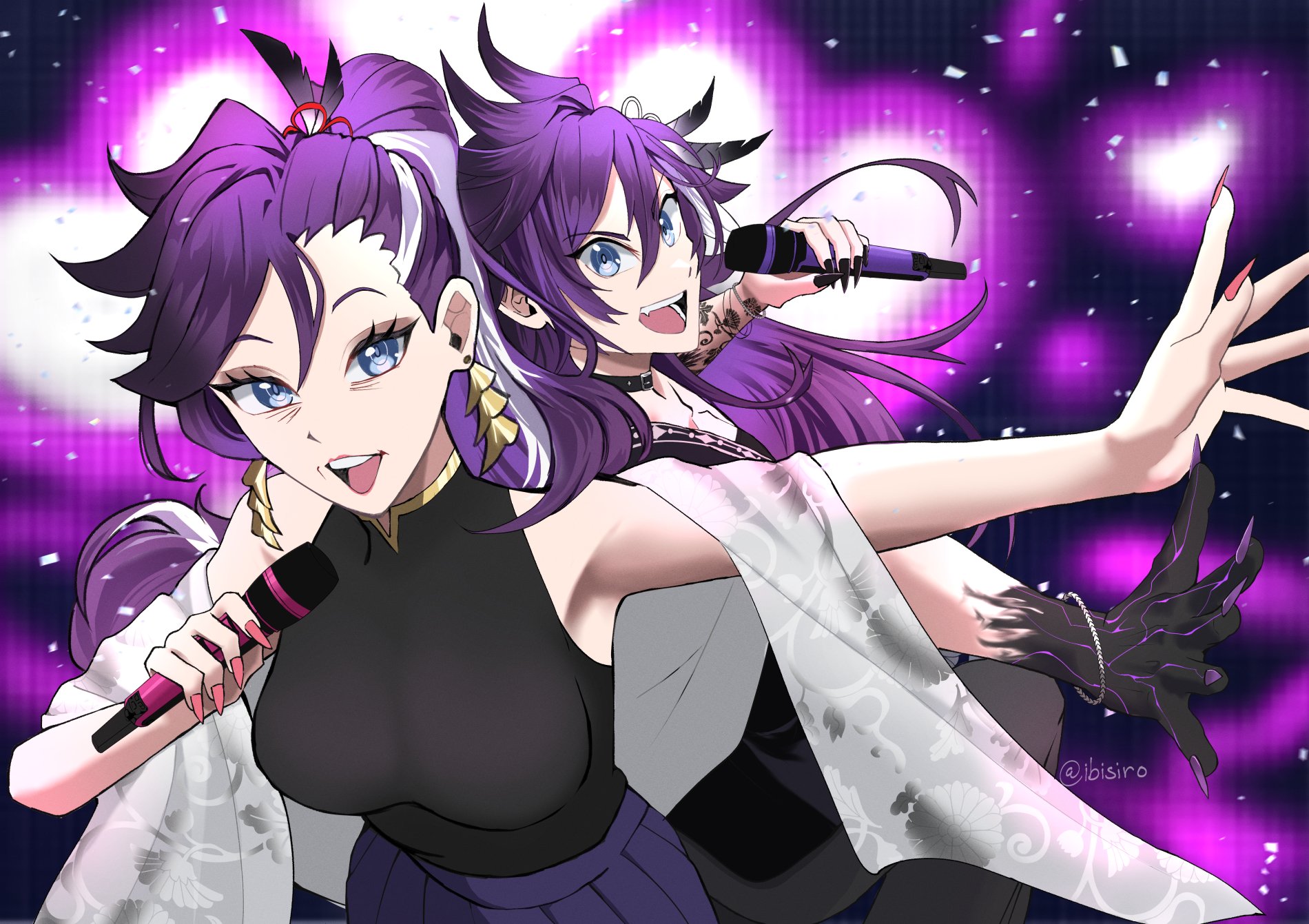 ibisiro, banzoin hakka, banzoin hakka (2nd costume), holostars, holostars english, commentary, english commentary, highres, 1boy, 1girl, arm tattoo, artist name, black choker, black dress, black skin, blue eyes, blue skirt, bracelet, breasts, choker, colored skin, dress, earrings, fang, feather hair ornament, feathers, fingernails, hair between eyes, hair ornament, hakkamama (banzoin hakka), holding, holding microphone, jewelry, long fingernails, long hair, looking at viewer, microphone, mother and son, multicolored hair, multicolored skin, music, open mouth, outstretched arm, pink nails, pleated skirt, ponytail, purple background, purple eyes, purple hair, purple nails, shawl, shirt, singing, skirt, sleeveless, sleeveless dress, smile, sparkle, streaked hair, tassel, tassel earrings, tattoo, tattoo sleeve, teeth, turtleneck, turtleneck dress, upper teeth only, virtual youtuber, white hair, white shawl
