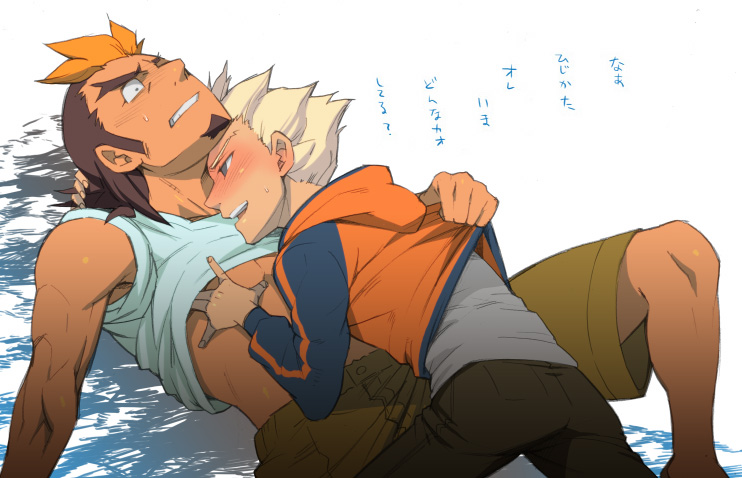 sukeroku, gouenji shuuya, hijikata raiden, inazuma eleven, inazuma eleven (series), 00s, 2boys, blush, brown hair, facial hair, goatee, heavy breathing, male focus, multicolored hair, multiple boys, orange hair, shota, sweat, two-tone hair, undressing, white hair, yaoi