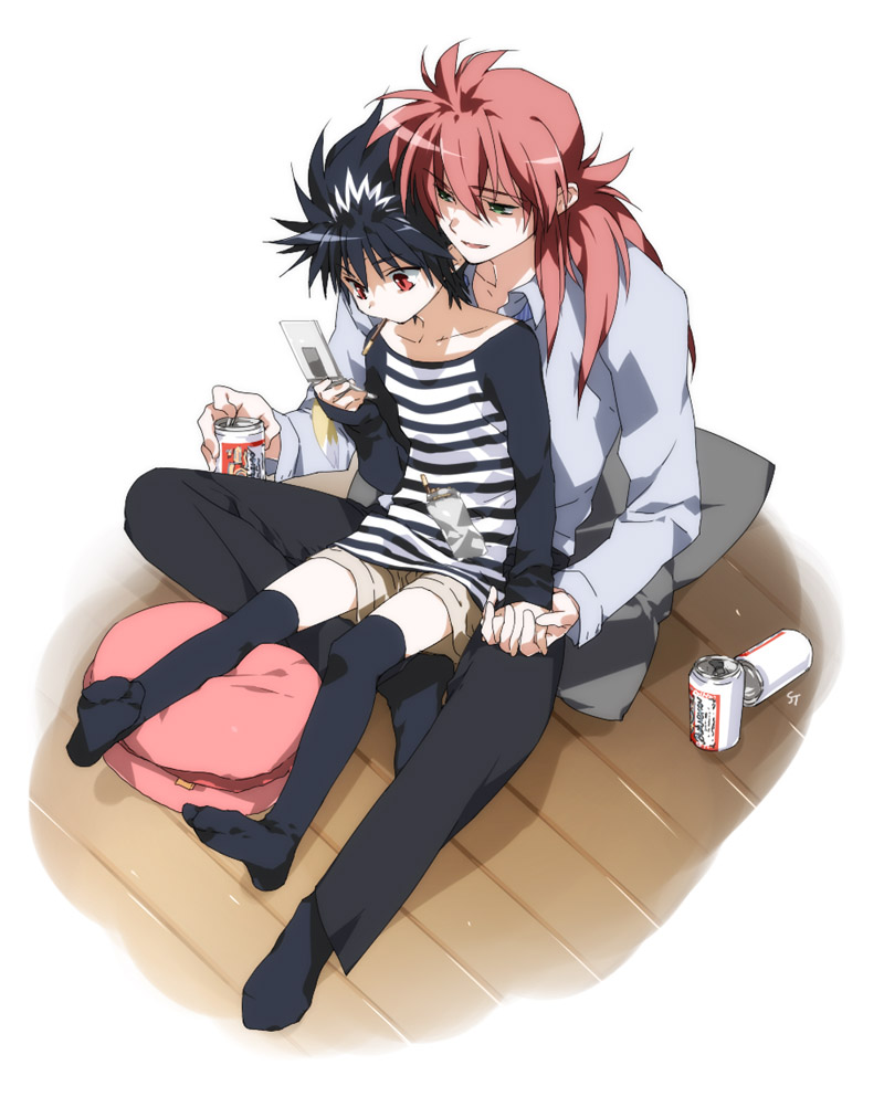 toujou sakana, hiei, kurama (yu yu hakusho), yuu yuu hakusho, 2boys, age difference, alcohol, androgynous, beer, black hair, blush, cellphone, couple, feet, food, green eyes, head rest, height difference, holding hands, hug, hug from behind, long hair, male focus, multiple boys, onii-shota, phone, pillow, pocky, ponytail, red eyes, red hair, short hair, sitting, sitting on lap, sitting on person, size difference, socks, thighhighs, yaoi