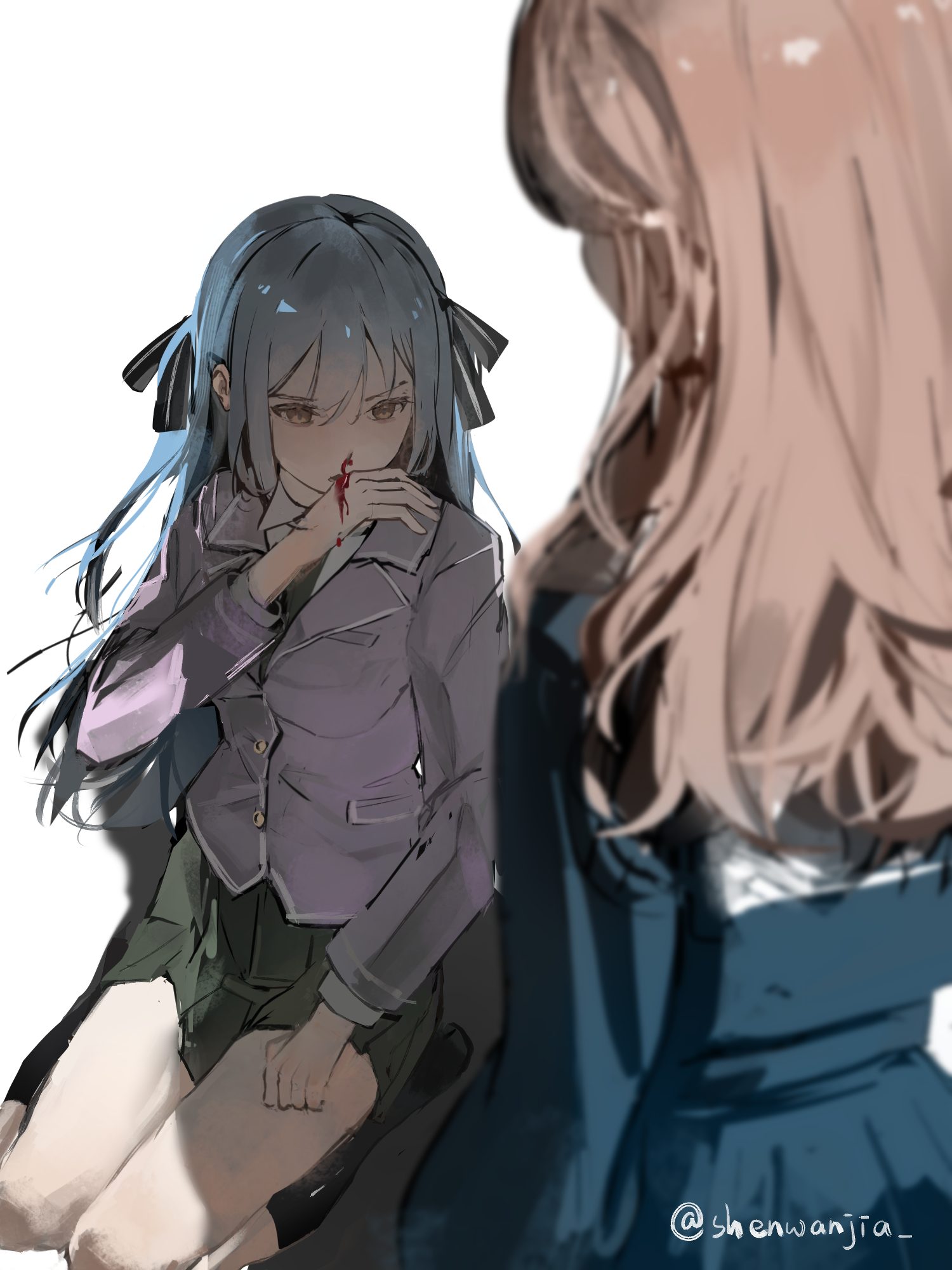 nagasaki soyo, togawa sakiko, bang dream!, bang dream! it's mygo!!!!!, commentary, highres, symbol-only commentary, 2girls, black ribbon, blood, blue hair, blue shirt, brown hair, green skirt, grey jacket, hair ribbon, haneoka school uniform, jacket, long hair, long sleeves, multiple girls, nosebleed, ribbon, school uniform, shenwanjia, shirt, sidelocks, simple background, skirt, tsukinomori school uniform, white background