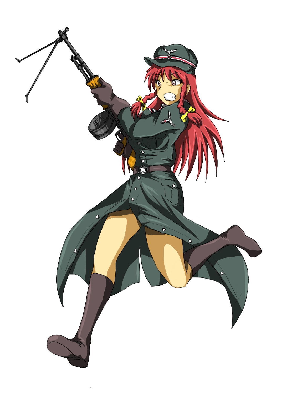 junkei, hong meiling, touhou, bad id, bad pixiv id, highres, 1girl, boots, braid, drum magazine, female focus, full body, gun, hat, light machine gun, long hair, machine gun, magazine (weapon), military, military uniform, red eyes, red hair, rpd, simple background, solo, twin braids, weapon, white background