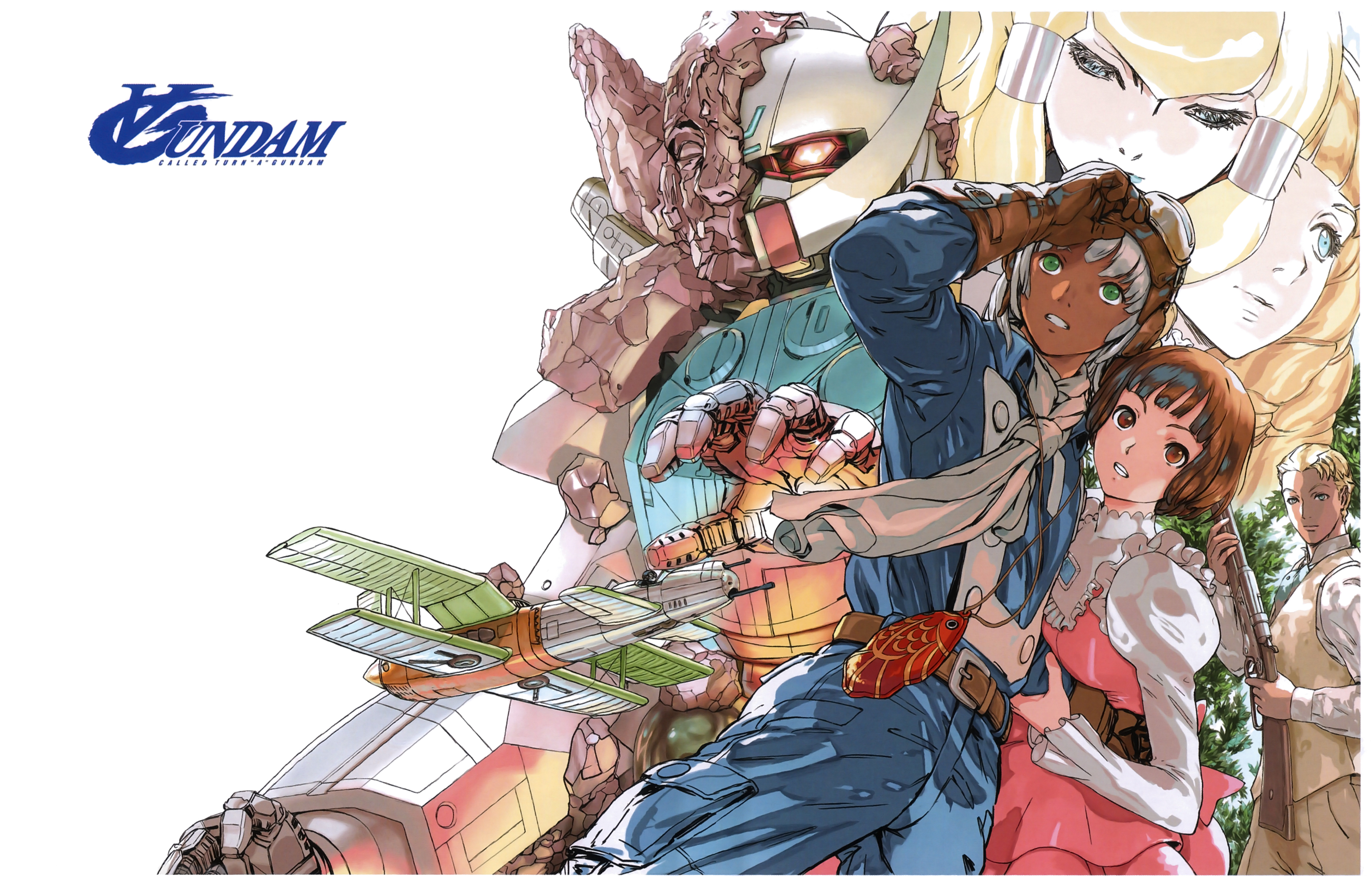 yasuda akira, dianna soreil, guin sard lineford, kihel heim, loran cehack, sochie heim, gundam, turn a gundam, absurdres, highres, official art, scan, traditional media, 2boys, 3girls, aircraft, airplane, biplane, bob cut, dress, flying, gloves, gun, hairband, logo, mecha, mobile suit, multiple boys, multiple girls, retro artstyle, reveal, rifle, robot, rock, scarf, scene reference, science fiction, statue, steampunk, title, v-fin, weapon, white background