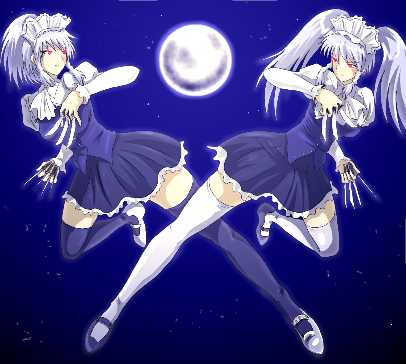 junkei, izayoi sakuya, embodiment of scarlet devil, touhou, silver hair, bad id, bad pixiv id, highres, 2girls, alternate hairstyle, battle, dual persona, female focus, floating, full moon, knife, maid, moon, multiple girls, red eyes, thighhighs, throwing knife, weapon