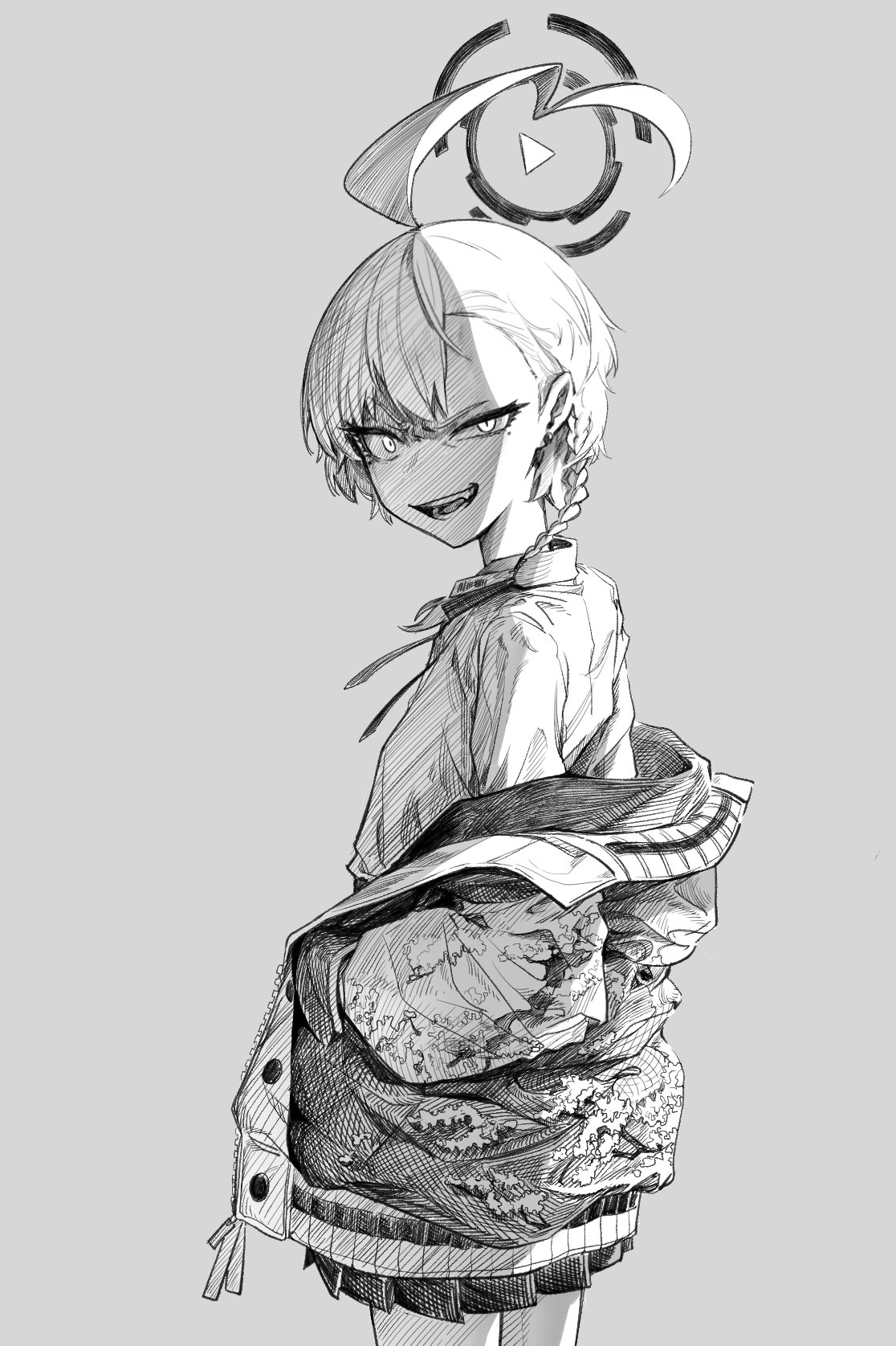 neru (blue archive), blue archive, highres, 1girl, ahoge, braid, daresuki 05, fang, flat chest, greyscale, half-closed eye, halo, hands in pockets, jacket, long sleeves, looking at viewer, looking to the side, miniskirt, mole, mole under eye, monochrome, off shoulder, open mouth, pleated skirt, raised eyebrow, shirt, short hair, sidelighting, single braid, skirt, smile, smirk, solo, stud piercings, sukajan, upper body